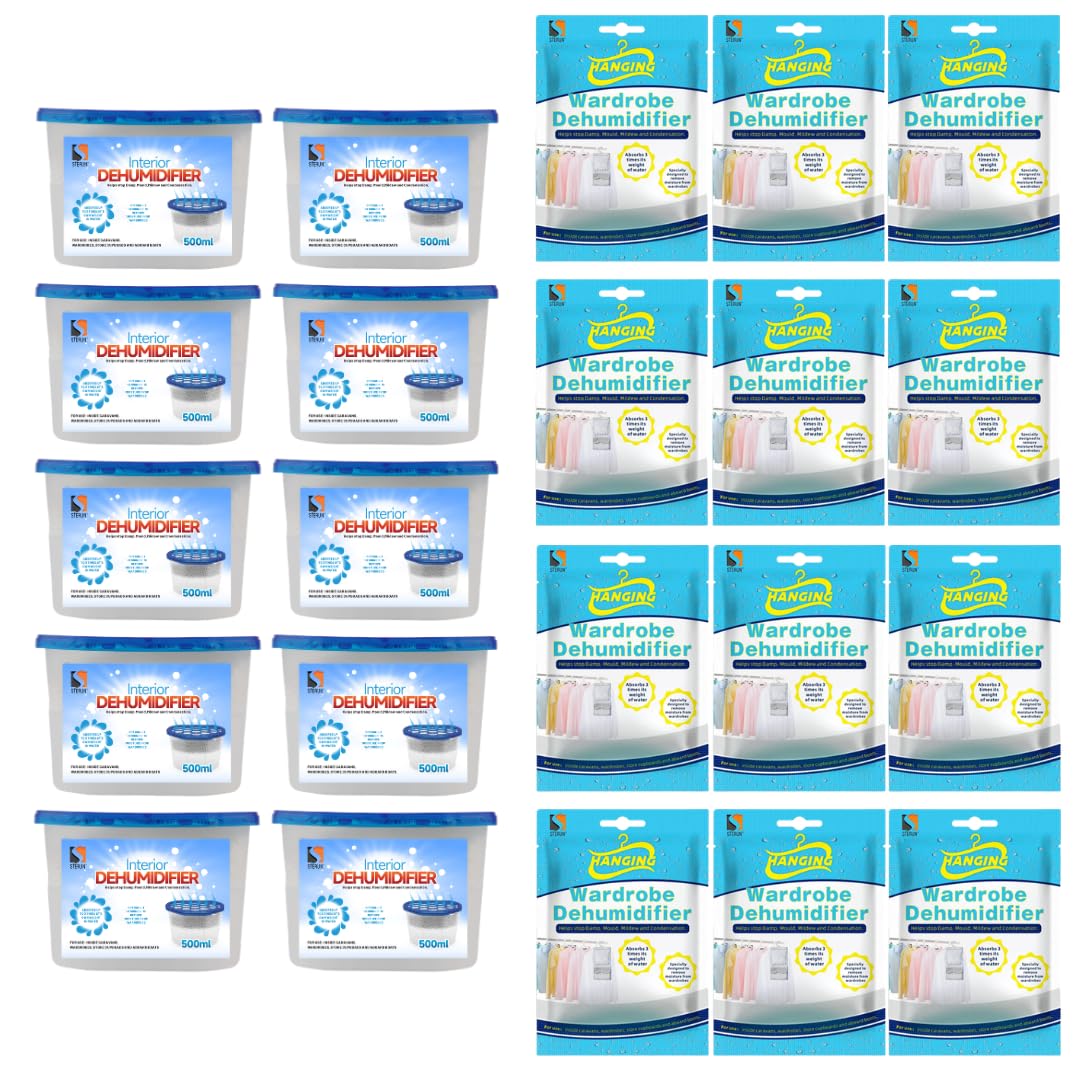 STERUN Dehumidifier Combo Pack 10x 500ml Interior Dehumidifier & 12x Hanging Wardrobe Dehumidifier Bags Moisture Absorber Damp Mould Condensation For Home Bedroom Garage Caravan