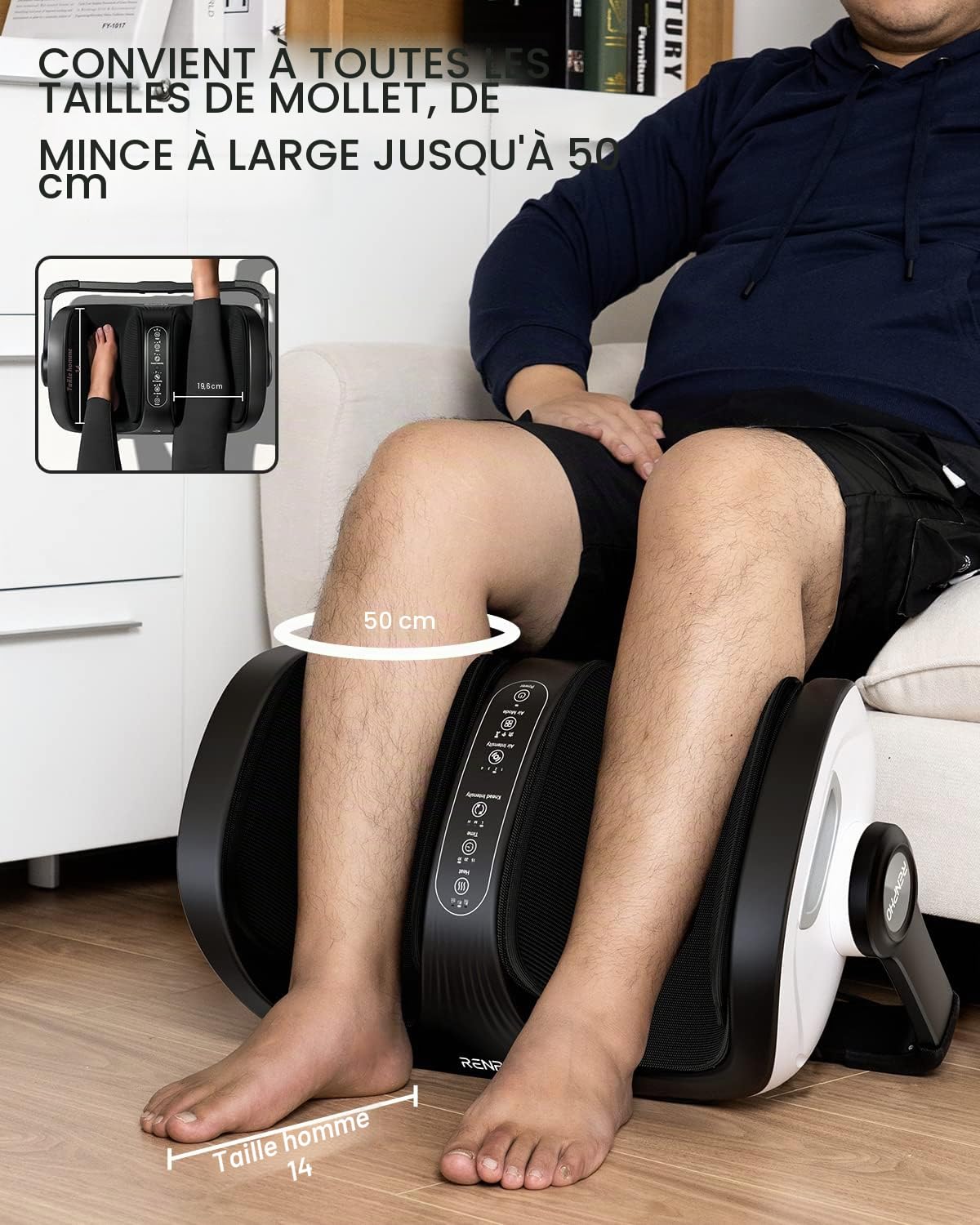 RENPHO Masseur de Pieds Shiatsu, Masseur de Jambes Avec Télécommand, Masseur de Mollets, Chambre Pour Pieds 19,5 cm in Large, Petrissage, Roulement, Compression, Chauffage