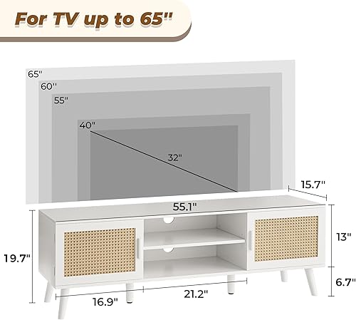 Miniatura 6 de SUPERJARE Soporte de TV de 55 pulgadas, centro de entretenimiento con estante ajustable, consola de TV de ratán con 2 gabinetes, consola multimedia,