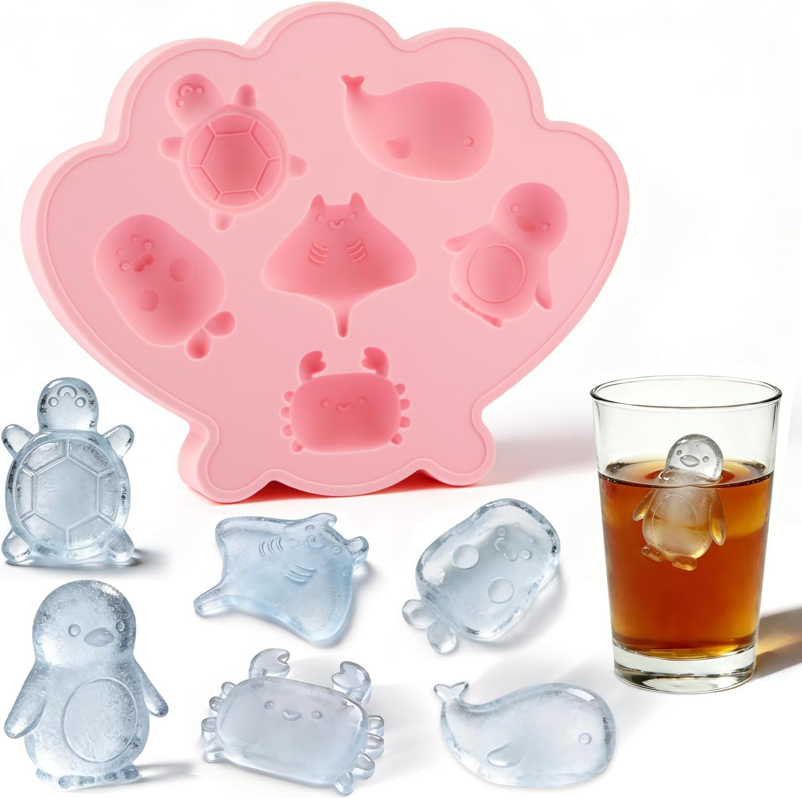 Fu Store Ice Cube Tray Shell Silicone Ice Cube Trays with Cute Marine Life Shapes Cubes Easy to Release Perfect for Freezer Home, Kitchen, Drinks, Cocktail, Coffee, Chocolate Mold (Pink)