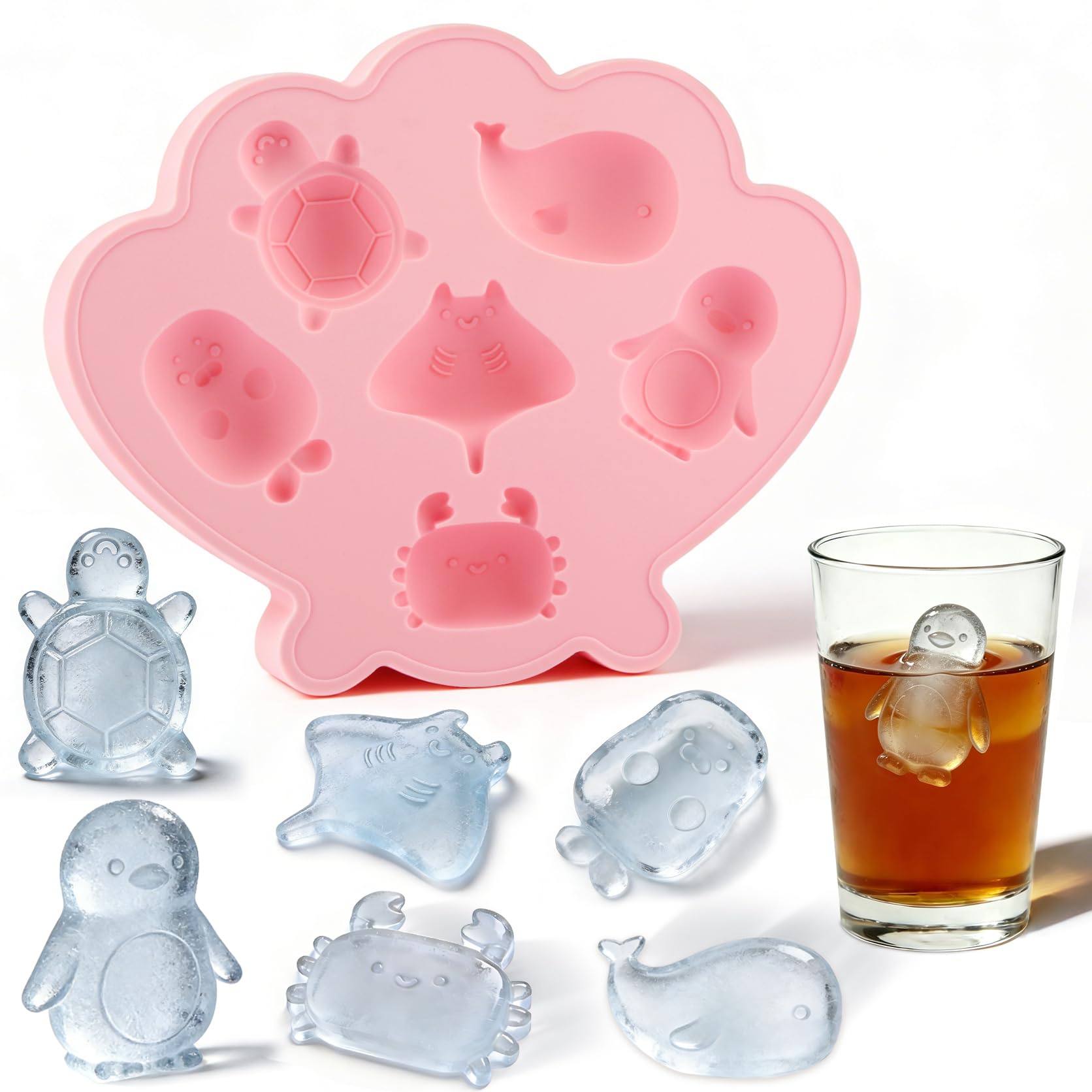 Cesujowaz Cute Marine Life Ice Cube Tray, Silicone Ice Cube Molds with Turtle, Whale, Penguin Shapes, Easy Release, Dishwasher Safe Ice Tray for Drinks and Chocolate (Pink)