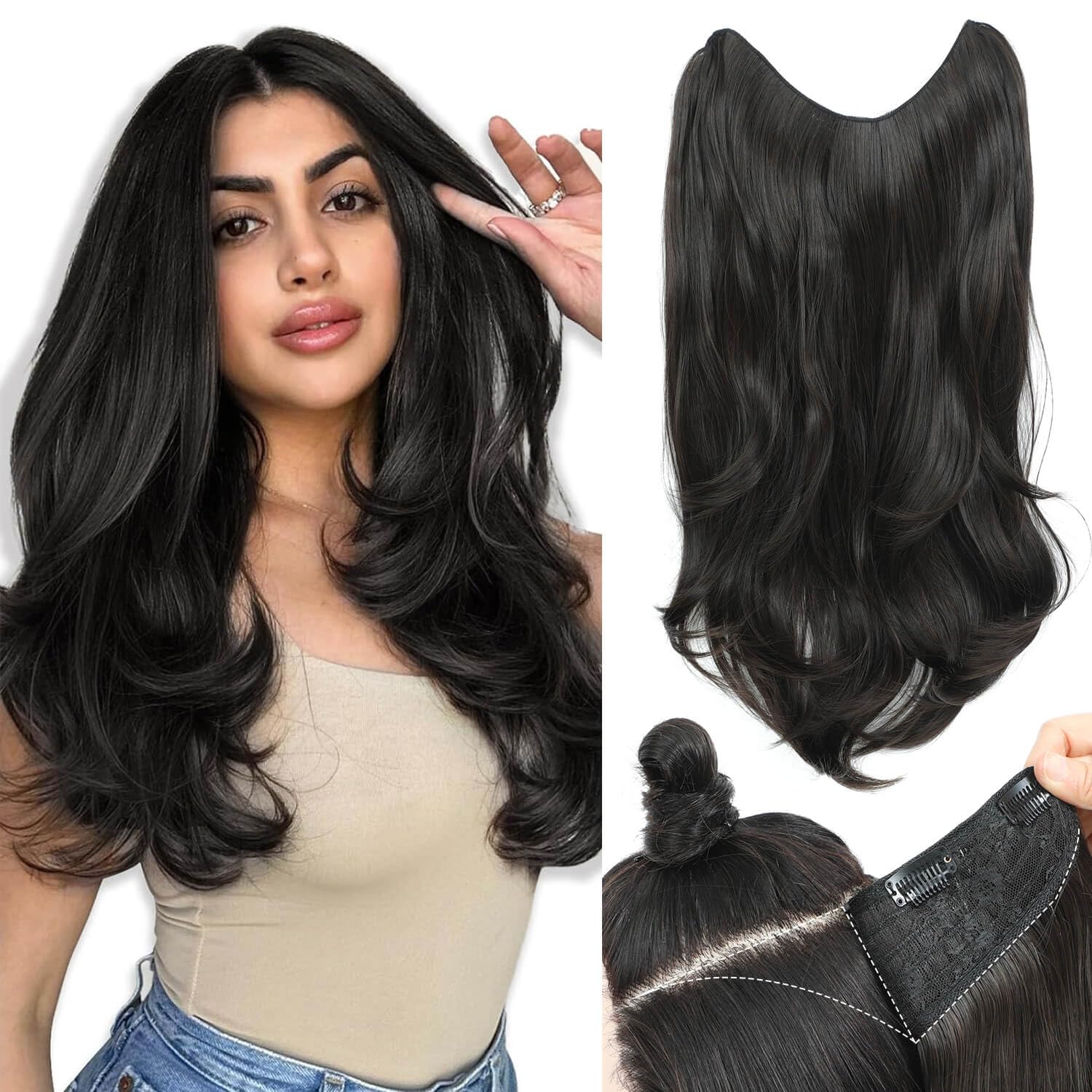 Ms taj Dark Brown Hair Extensions 20inch one piece hair extensions clip in Body Wavy Natural Layered Thick Full head Clip in Hair Extension for women with Dense hair to increase hair volume