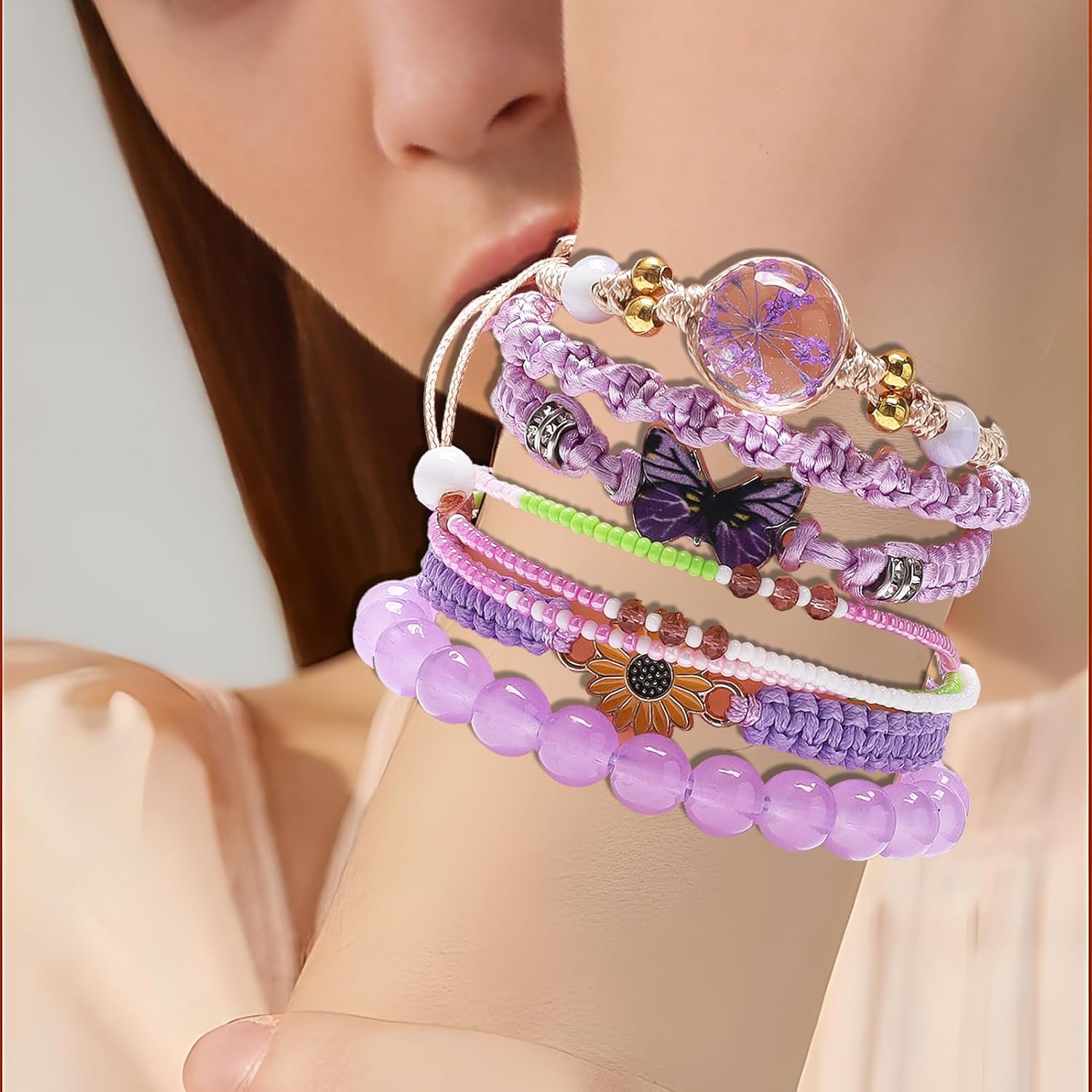 DS 6PCS String beads Charm Bracelets for Teen Girls Handmade Braided Rope Butterfly daisies Eternal flower Boho Surfer Bracelet for women Adjustable friendship Stretch birthday jewelry Gift Friends - Image 5