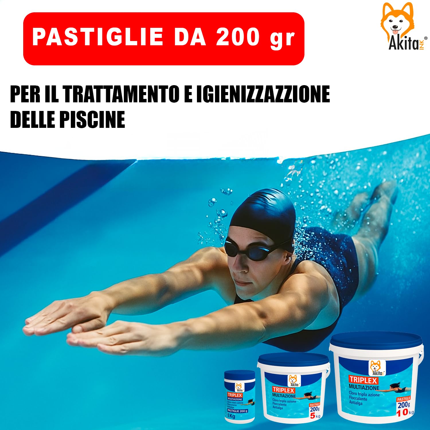Akitaink Triplex Multiazione Pastiglie Cloro 3 in 1 per Piscina | Azione Lenta | Disinfettante, Antialghe e Flocculante | Secchio da 5 KG