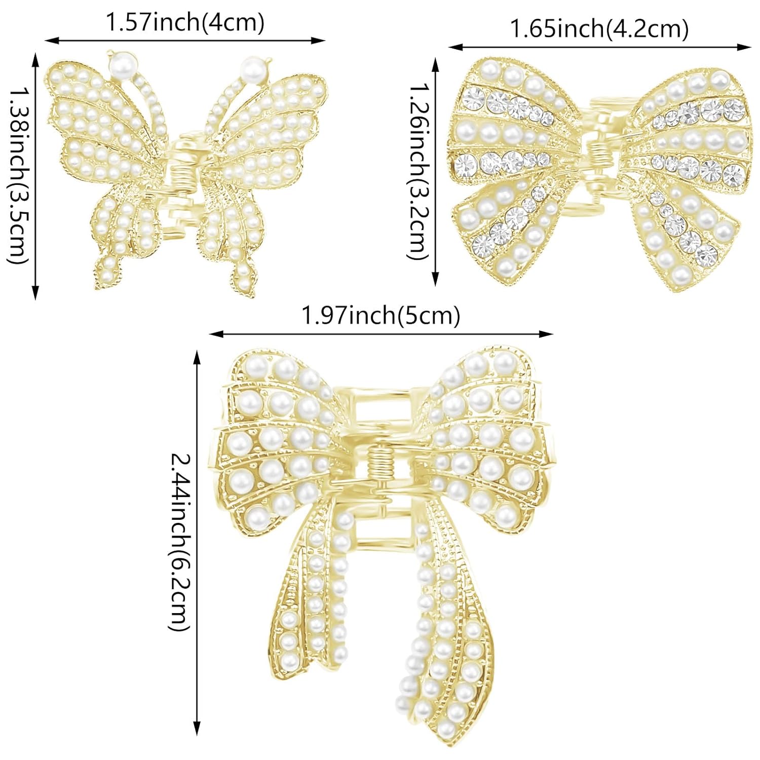 Aswewamt 6 Pcs Gold Pearl Hair Clip Claws, Butterfly Bowknot Rhinestone Fancy Hair Clips, Metal Sparkling Hair Clamps, Hair Styling Accessories for Women Girls - Image 2
