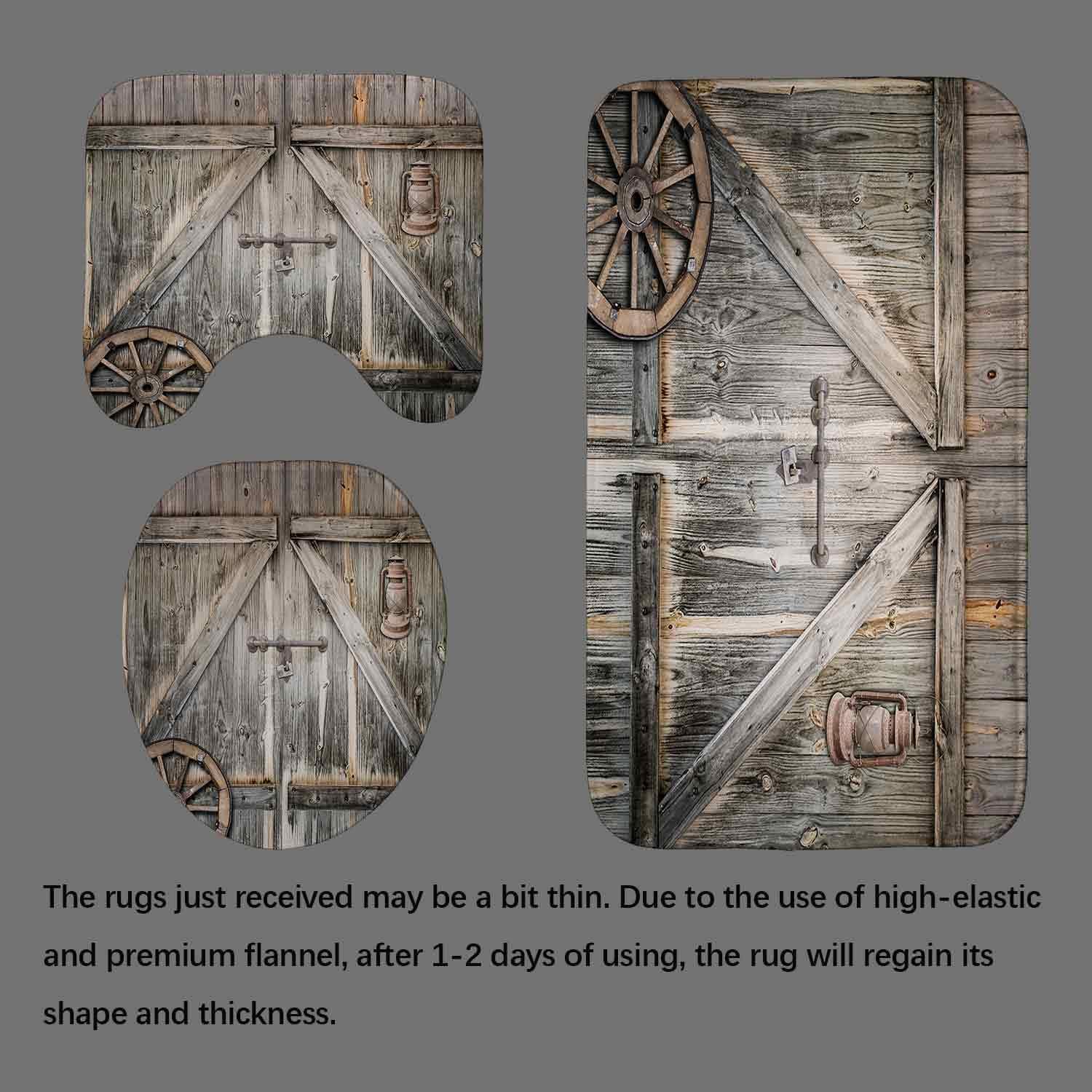 4PCS Rustic Barn Door Shower Curtain Set, Country Farm Vintage Old Garage Wood Door Barnwood Wooden Board Western Rustic Farmhouse Bathroom Decor, Non-Slip Bath Mat Toilet Rug, Wagon Wheel