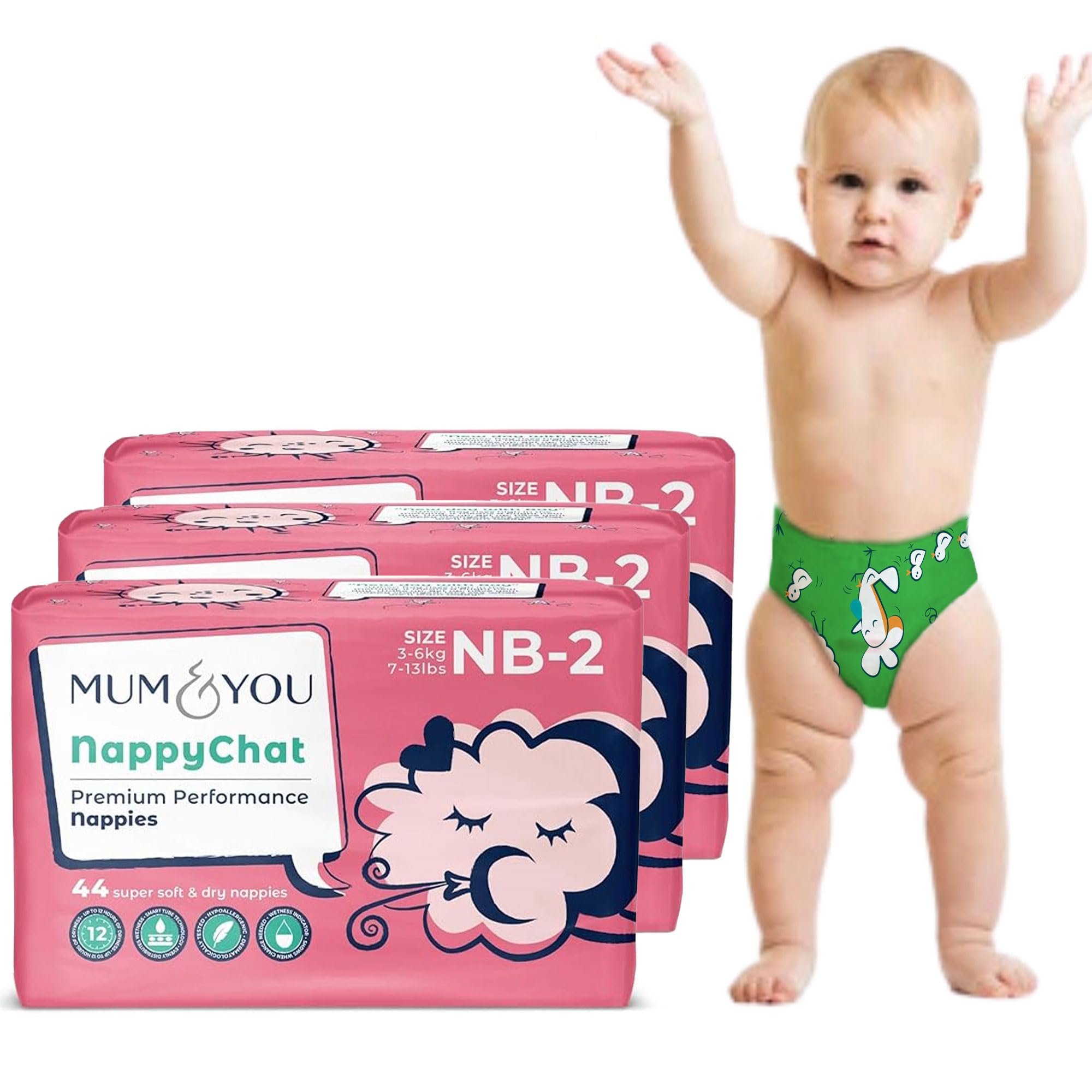 Mum & You Eco Friendly Baby Nappies, Size 2 nappies (3-6 KG), 44 Count, Dermatologically Tested nappy with 12-Hr Leak Protection with Wetness Indicator, Rash-Free baby diapers,Day & Night Time Nappies