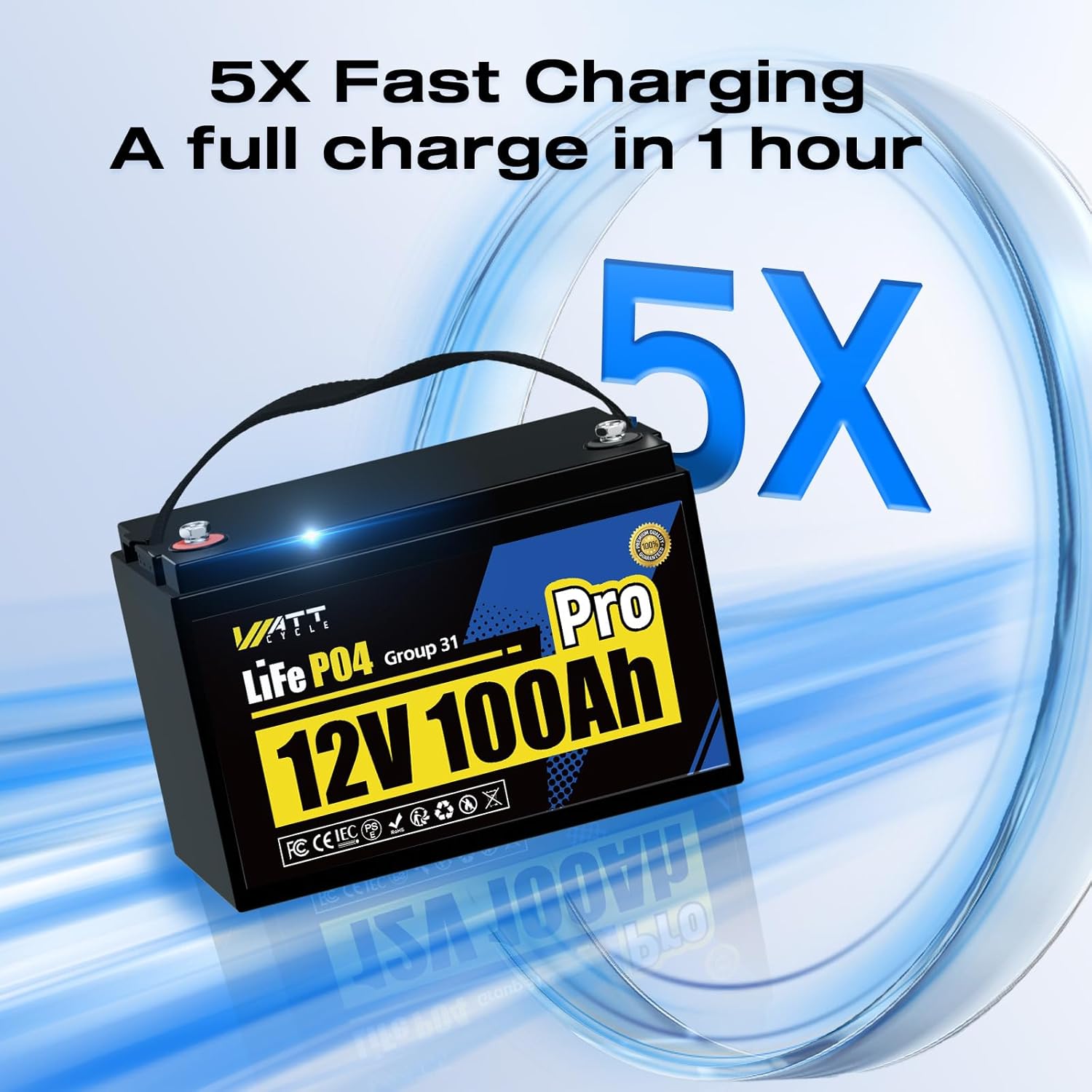 WattCycle 12V 100Ah LiFePO4 Battery, Lithium Battery 12V 110A BMS, Lithium RV Batteries 15000+ Deep Cycles, Built-in Bluetooth, Monitor, Mobile APP, Perfect for Home Energy, RV, Marine, Solar