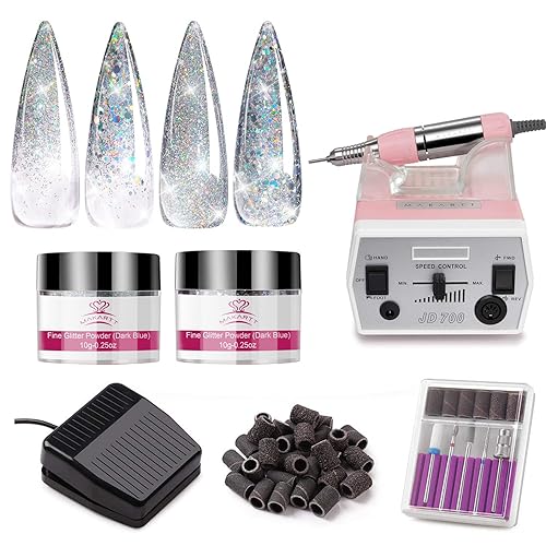 Miniatura 1 de Makartt Máquina de lima de uñas eléctrica portátil Geneviere E File Pink JD700 30000 RPM con 2 tarros de purpurina gruesa y purpurina fina, color