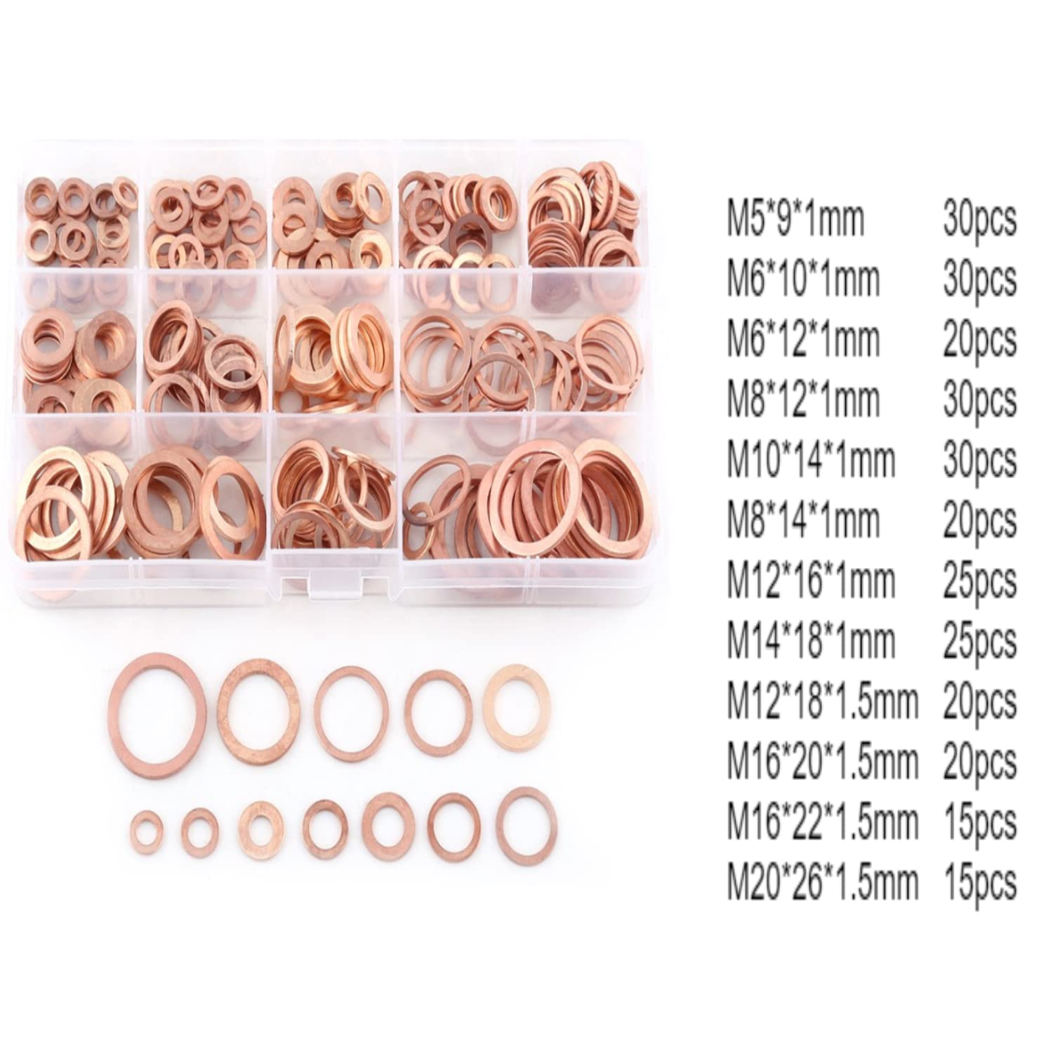 280 Pezzi Rondelle Rame, M5 M6 M8 M10 M12 M14 M16 M18 M20 M22 M26 Kit di Classificazione Metrica Guarnizione Rame Olio Anello Tenuta per Fissaggi a Vite, Sistemi Idraulici