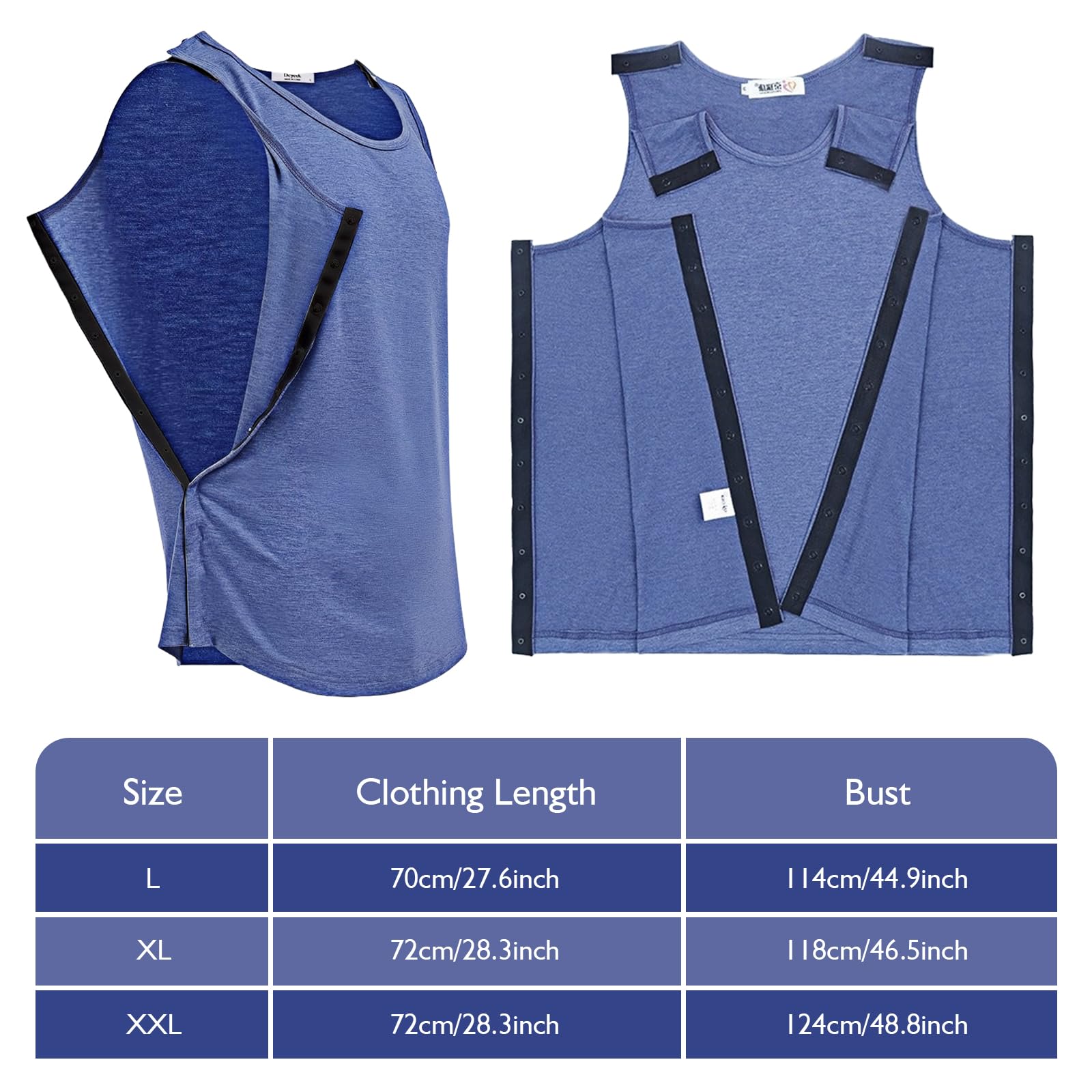 Dokeno Koszulka Snap Open Tearaway Tanktop, koszulka unisex po operacjach na ramionach, z zapięciem zatrzaskowym, koszulka bez rękawów, wygodna i szybka