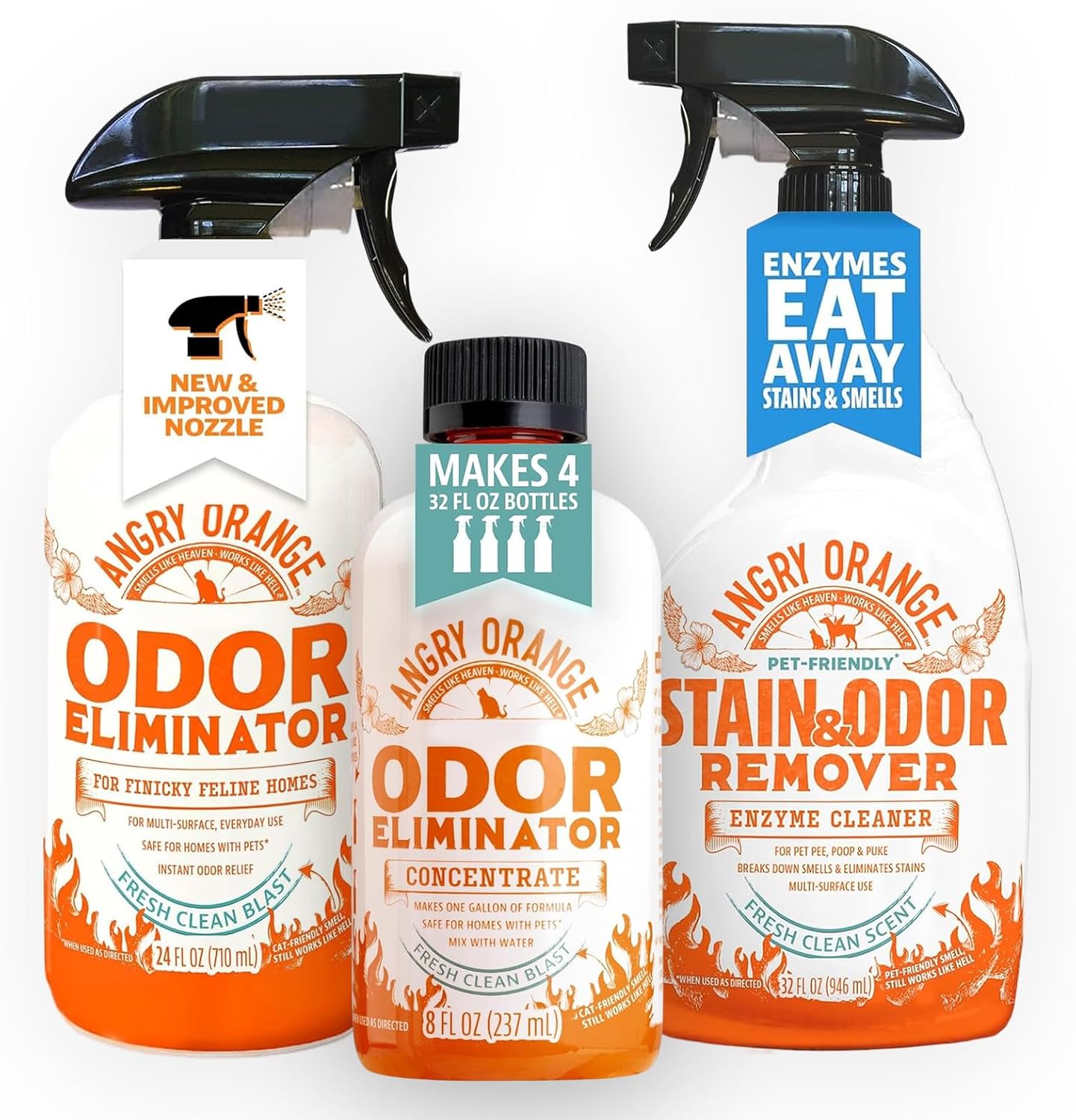 ANGRY ORANGE Fresh Scent Pet Odor & Stain Bundle – Odor Eliminator + Concentrate + Enzyme Cleaner