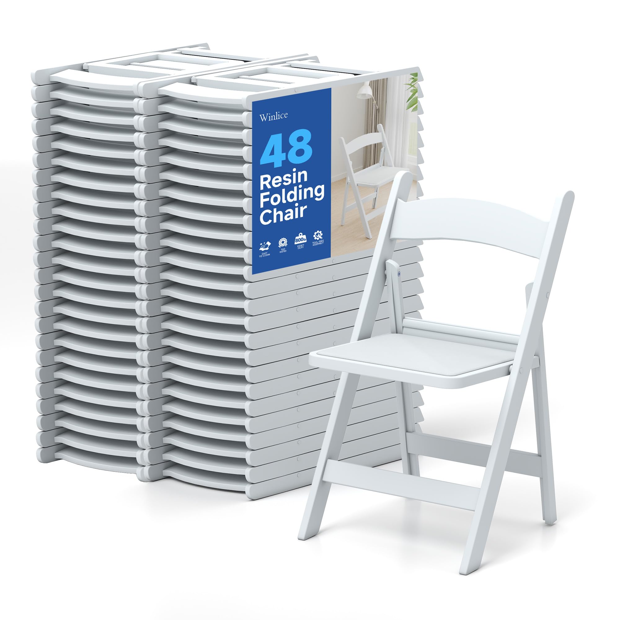 Winlice White Resin Folding Chairs - Stackable Chairs with Padded Seats, 800LB Weight Capacity Comfortable Chair - Indoor/Outdoor Folding Chairs for