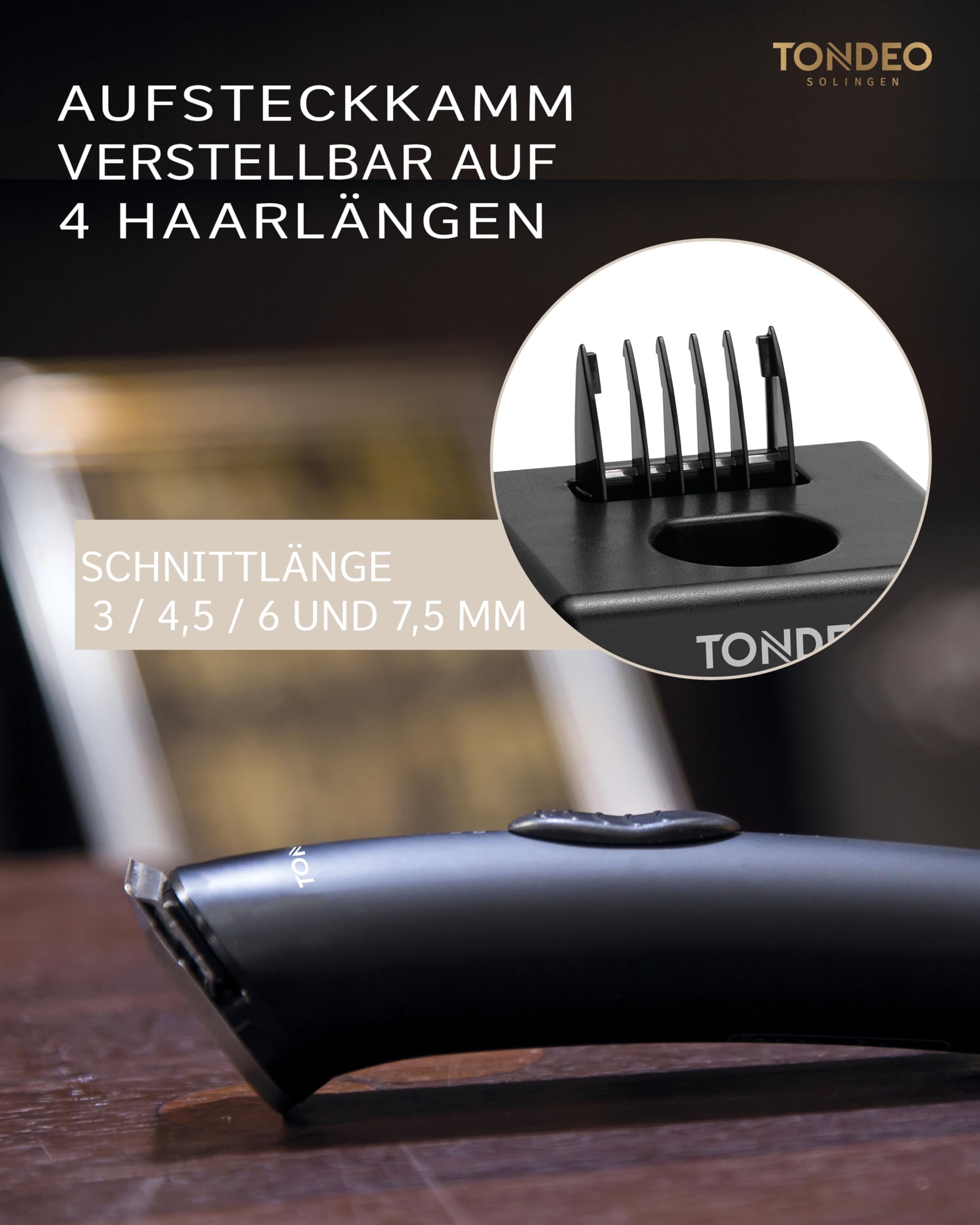 TONDEO Haarschneidemaschine ECO S PLUS schwarz Profi Trimmer mit Ladestation und Aufsteckkamm 3-7,5 mm