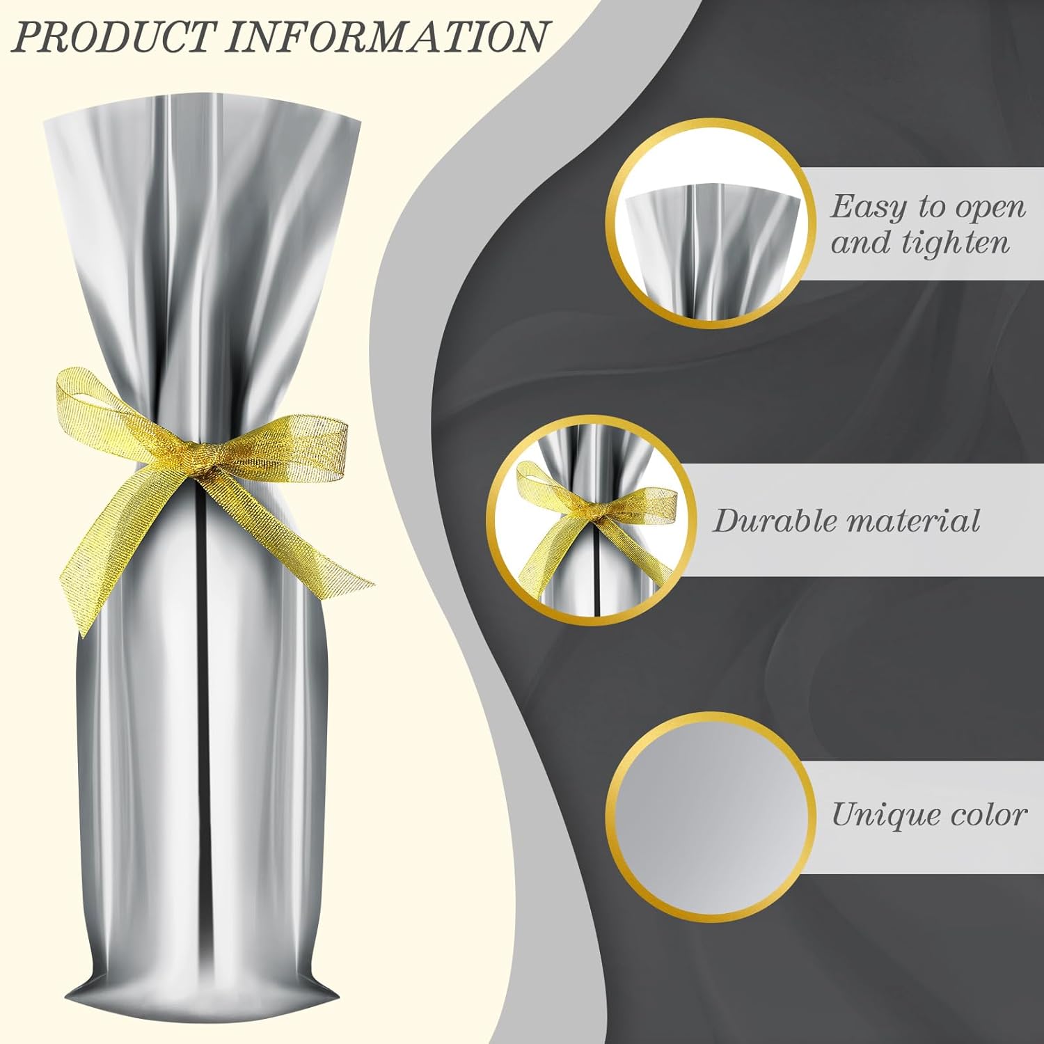 Yeaqee 50 Pcs Christmas Wine Bottle Gift Bags with Gold Bow Ribbons Metallic Wine Bags Gift Wrap for Holiday Party Favor, 18 x 6 Inch(Silver) - Image 3