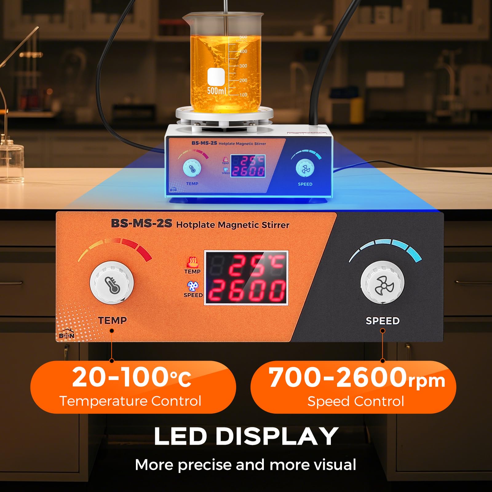 Bonviosin Agitatore Magnetico con Piastra Riscaldante 2L, Display Digitale 700-2600 RPM, Mixer da Laboratorio 100℃ 180W, Asta Supporto Sensore Pieghevole, 120x120 mm (EU)