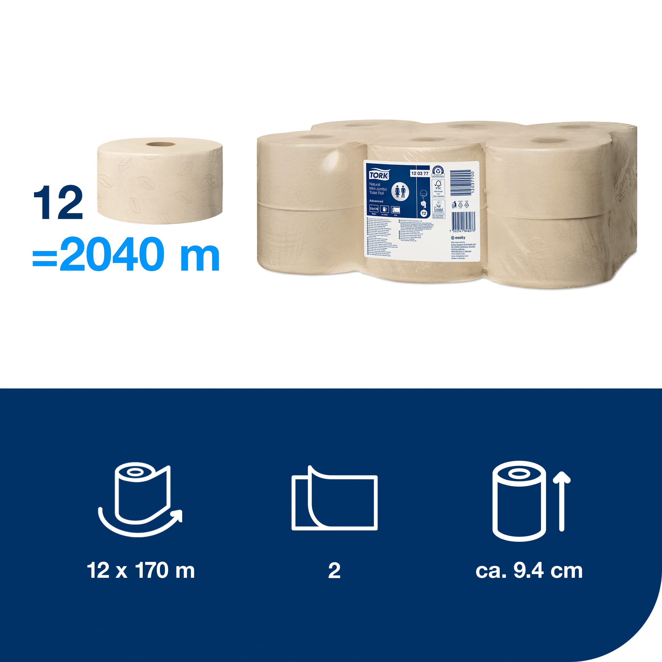 Tork Mini Jumbo Papier toaletowy naturalny T2, zaawansowana jakość, 2- warstwowy, 12 rolka x 170m, 120377