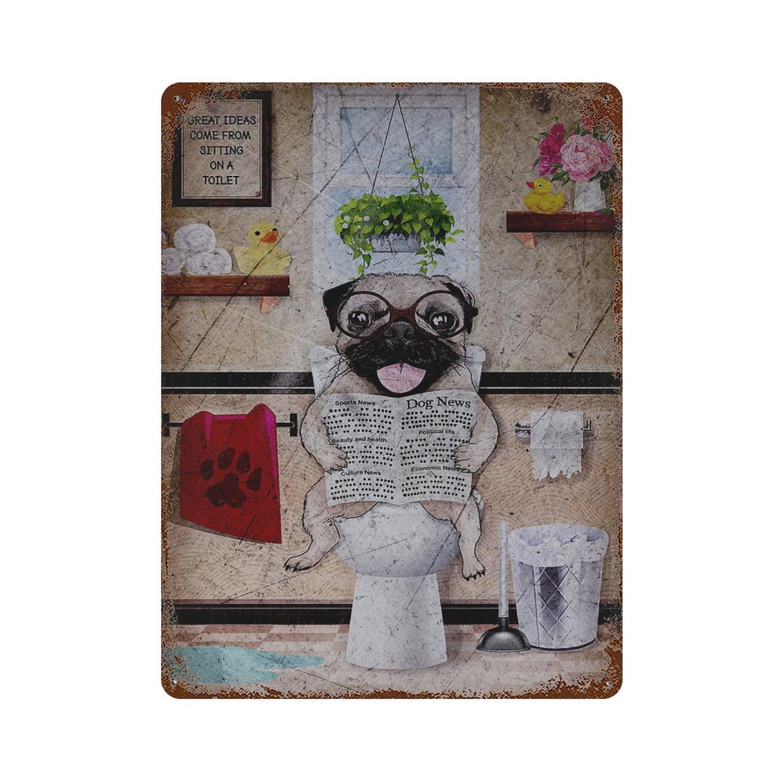 Rust Effect Pug Aged Metal Wall Plaque 15.7"x11.8", Shabby Chic Decor for Basement, Hobby Room And Garage Decor