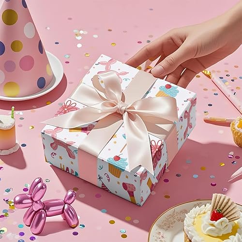 Miniatura 3 de RUSPEPA Rollo de papel de regalo de cumpleaños para niñas, mini rollo, globo rosa, caja de regalo y sombrero de fiesta con texto de feliz cumpleaños