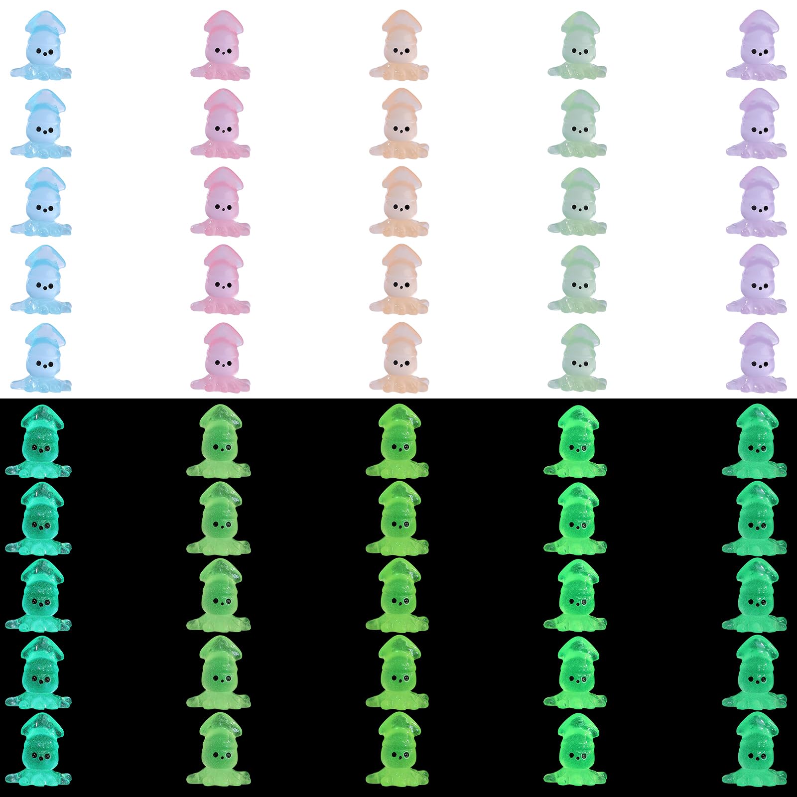 50 Pcs 5 Colors Animal Resin Figurines Mini Resin Octopus Figurines Glow in The Dark Octopus Figurines Crafts Ocean Landscape DIY Ornament Accessories for Ocean (Luminous Octopus)