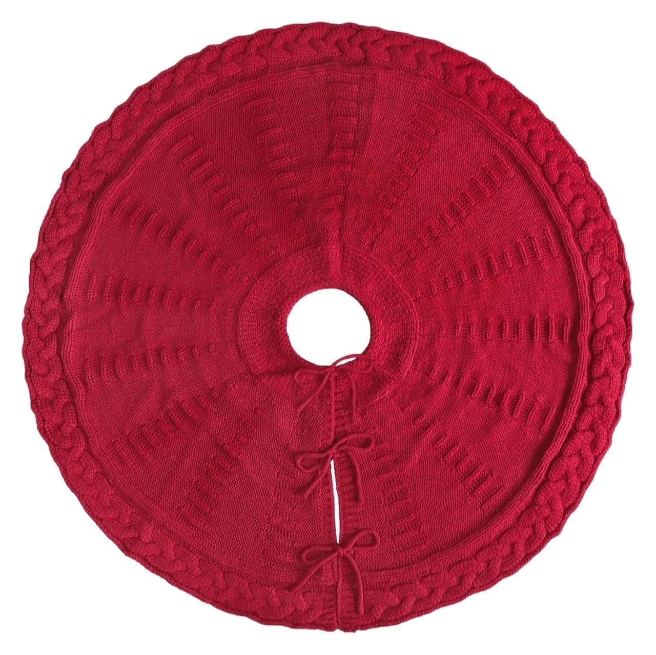 Tapis de Sapin de Noel Jupe d'arbre De Noël 48 Pouces Tricotée par Câble Rustique pour La Décoration Vacances Fête À Maison Couvre-Pied d'arbre(Rot)