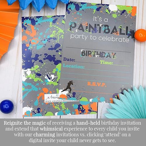 Miniatura 4 de Invitaciones para fiestas de cumpleaños con temática de paintball, 20 tarjetas de relleno de 5 x 7 pulgadas con veinte sobres blancos por