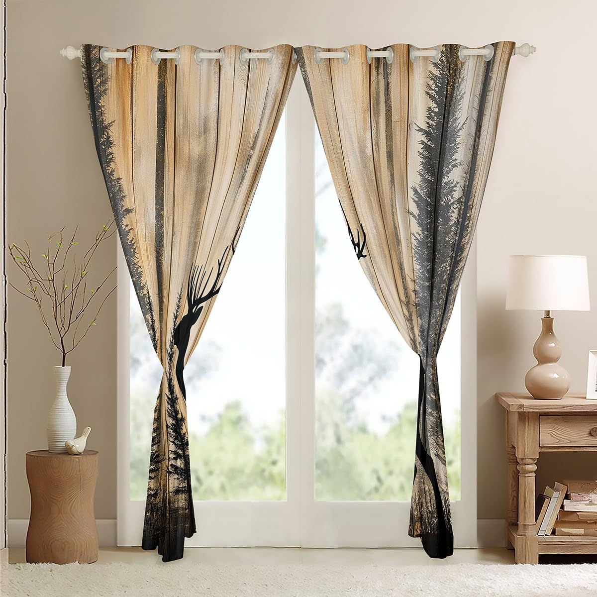 Loussiesd Graziose tende da 175 x 140 cm, motivo: cervo, per la caccia di cervi, in legno, con corna di cereali, rustiche, tende oscuranti