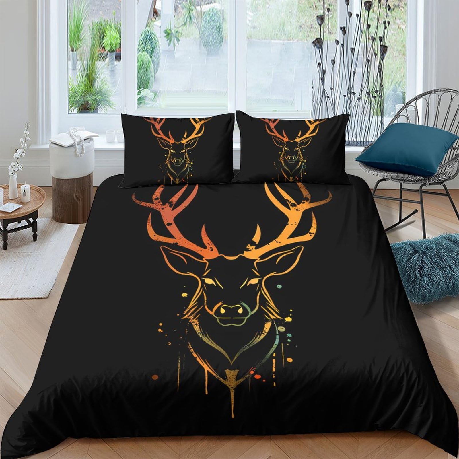 Ctjqhvkz Style-6 3D Printed Fire Deer Fitted Sheet Microfiber Soft Black Antler Mattress Cover For Bedroom Home Decor Washable Single（135X200cm）