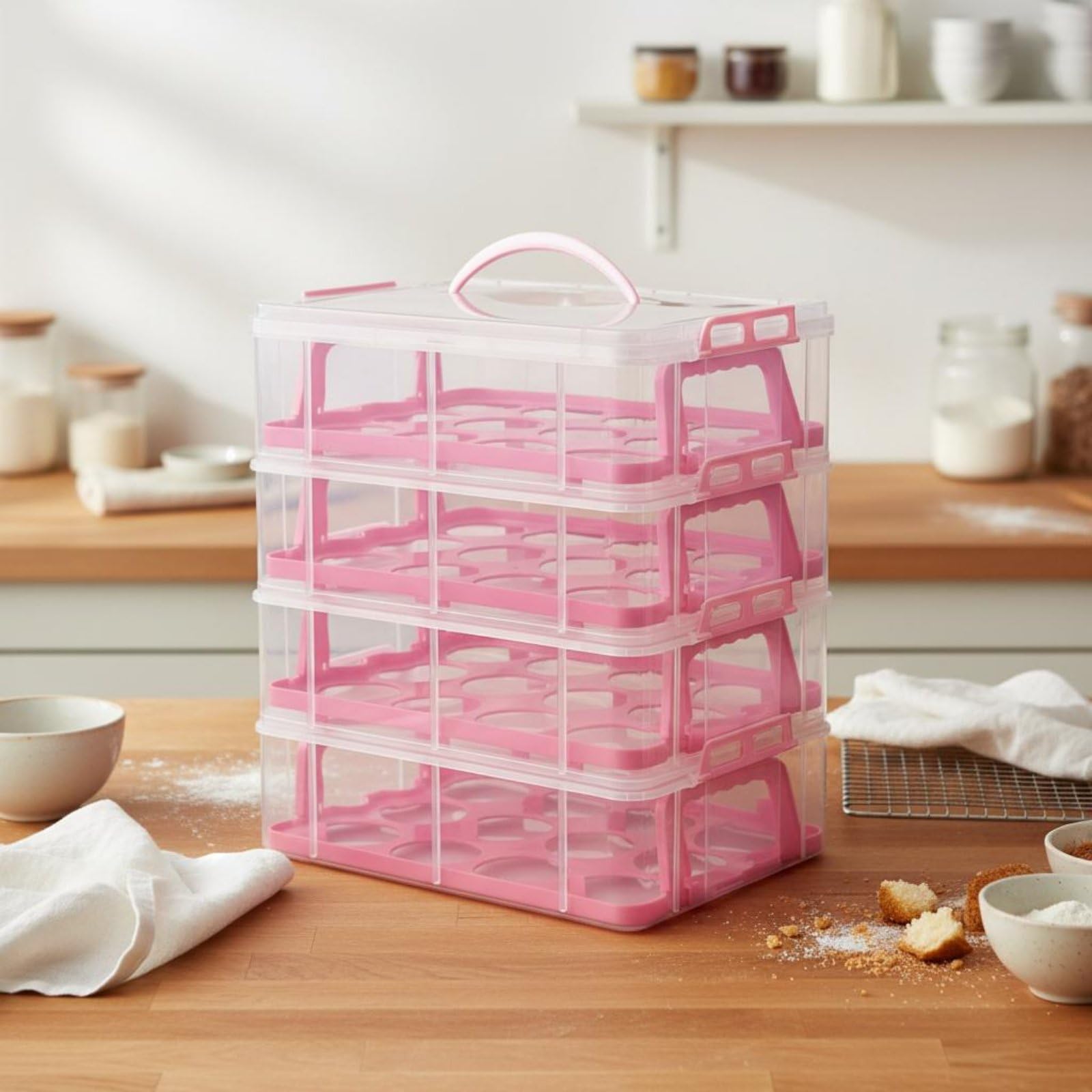 predolo Contenedor de Magdalenas de Varios Niveles con Asa Apilable Caja Transporte Postres Transparente Organizador Cupcakes Plástico para Picnic, White, 4-Layer