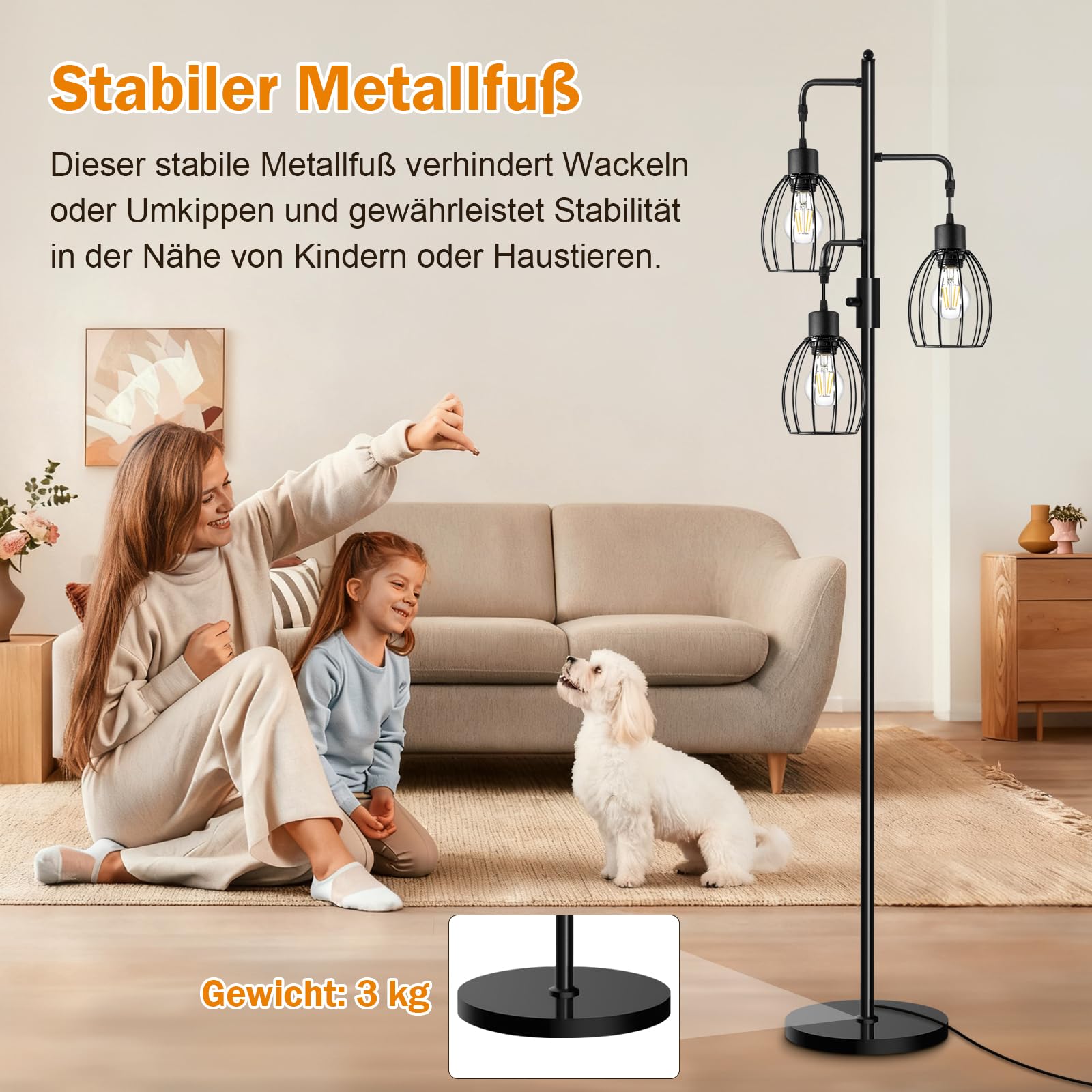 AmazeFan LED Stehlampe Dimmbar, 172cm Stehlampe Wohnzimmer mit 3 x 800LM LED-Glühbirnen, Käfig Lampenschirm aus Metall, Moderne Stehleuchte für Kinderzimmer, Büro, Wohnzimmer, Ecke Nachttischlampe