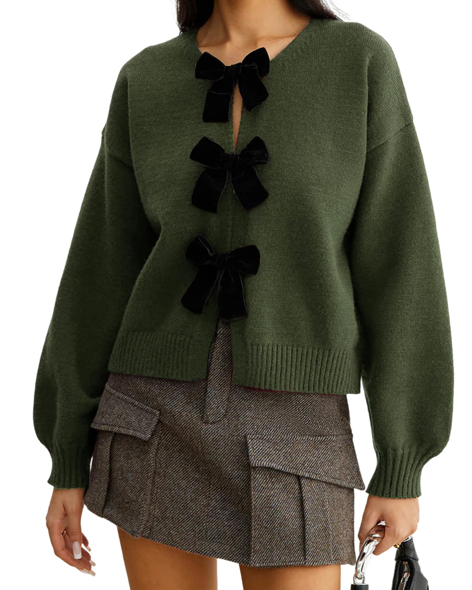 Womens y2k Cardigan Winter Solid Color 3D Bow Tie Front Knot Long Sleeve Crewneck Loose Sweaters Jacket Knitwear