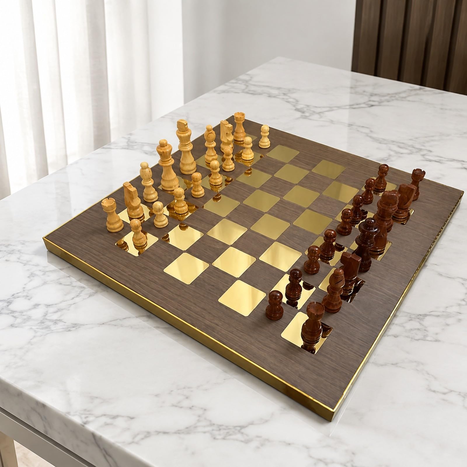 Échiquier Pièces D'échecs Résistant Échiquier en Bois Acier Inoxydable Élégant Jeu Société pr Bureau, Or