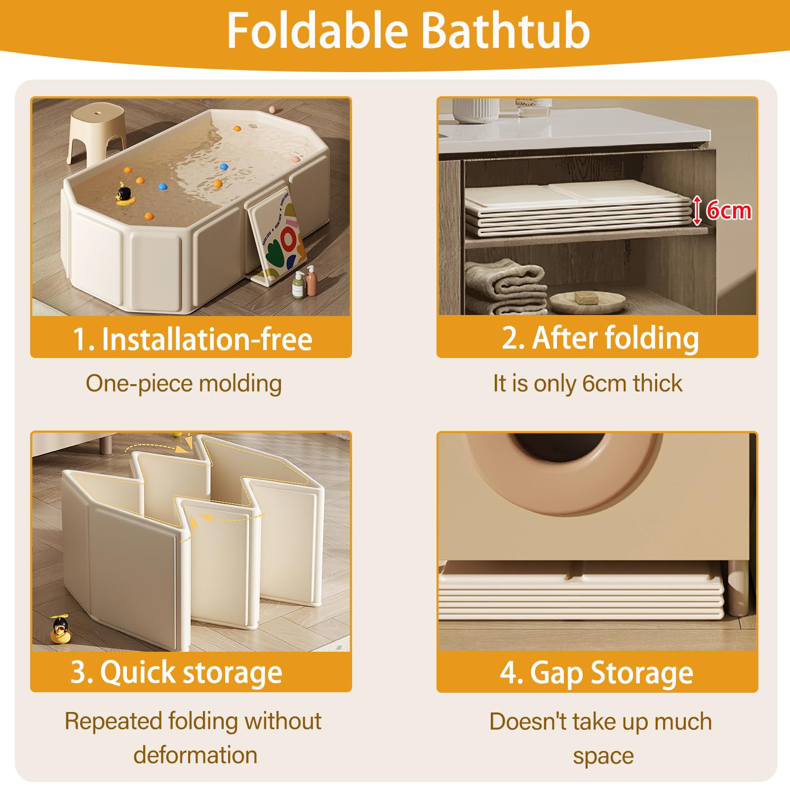 Vasca da Bagno Pieghevole per Bambini, Multiuso e Salvaspazio, Adatta da 0 a 8 Anni, Vaschetta Bagnetto Neonato Pieghevole con Tappo di Scolo, Vasca da Bagno Portatile per Bambini (Beige)