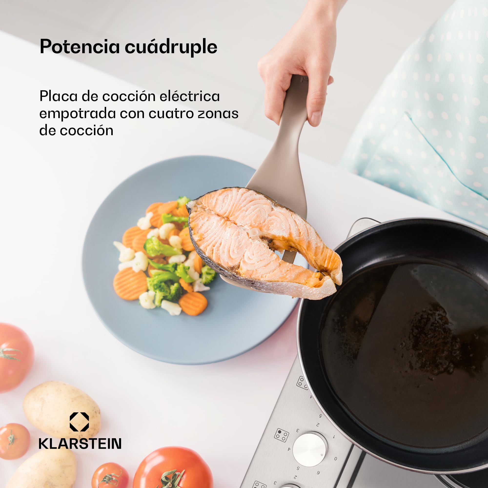 Klarstein Appetito Placa de Cocina Empotrable de Placas, Indicador de Calor Residual, Mandos Giratorios, 6 Niveles, Electrica, Fogones, Acero Inoxidable, 4 Placas/Zonas, 5500 Vatios, Plata