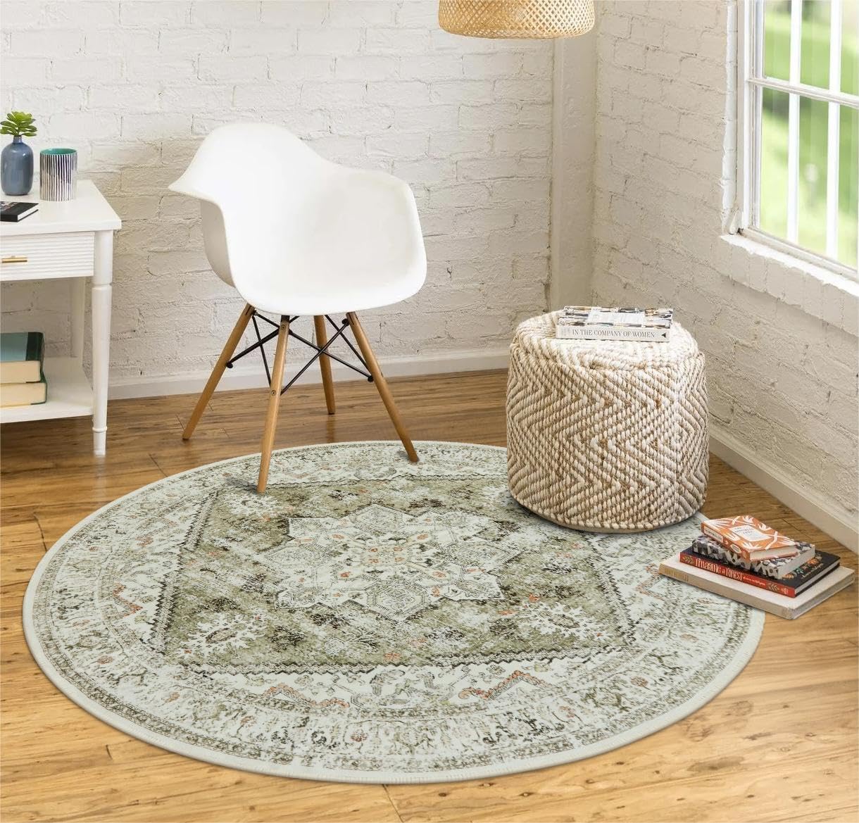 LIVEBOX Sage Green Round Rug 4ft, Vintage Tribal Circle Rug for Entryway Foyer, Low-Pile Oriental Retro Rug for Living Room, Stain Resistant Medallion Circular Rug for Bedroom