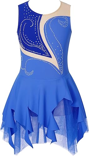 Miniatura 8 de JEATHA Disfraz de ballet brillante con diamantes de imitación para niños, sin mangas, falda de patinaje sobre hielo, vestido de leotardo de gimnasia