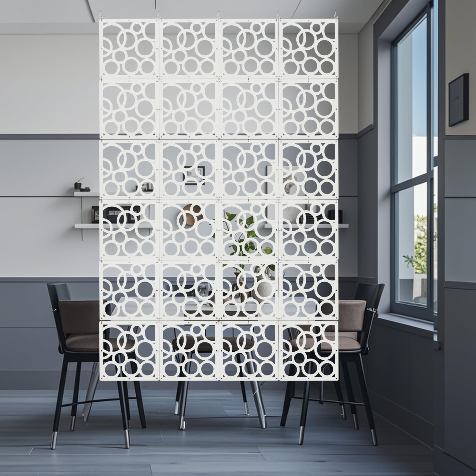24PCS DIY Hängender Raumteiler Weiß, 29x29 cm (Modell C-Kreise) | PVC Hängesieb Raumteiler Paneele, Privatsphäre Raumteilerbildschirm für Zuhause, Hotel Dekoration