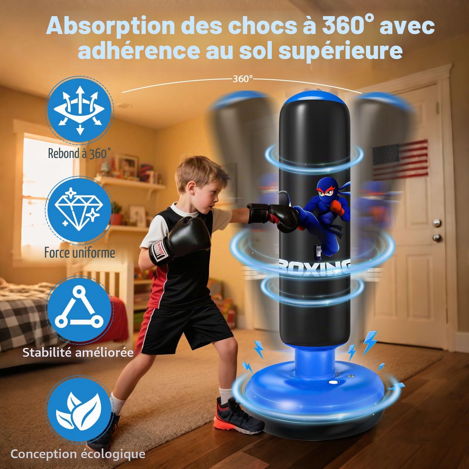 Sac de Frappe Enfant, Qoosea 160cm Punching Ball Enfants avec Gants de Boxe, Gonflable Sac de Boxe, Cadeau Parfait pour Garçons et Filles 3 à 12 Ans pour Karaté, Taekwondo