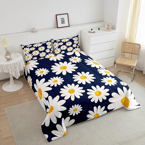 Miniatura 3 de Erosebridal Juego de ropa de cama con diseño floral de margaritas blancas para niños y niñas, juego de edredón de flores amarillas de jardín, tamaño