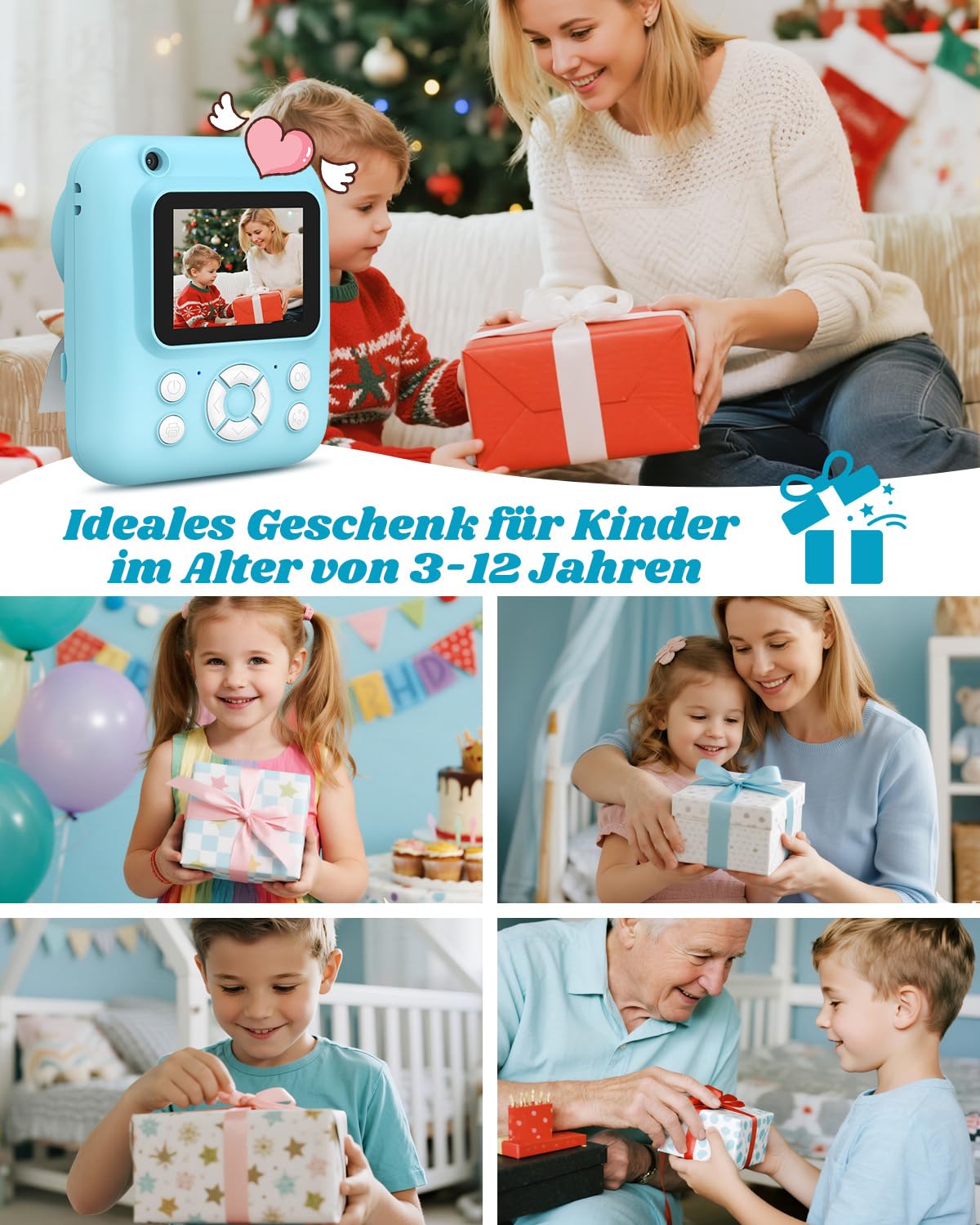 Sofortbildkamera Kinder 2.5K mit 32GB Karte & Druckerpapier, Vorder- und Rückkamera, Geschenk für Jungen Mädchen 3-12 Jahre (Blau)