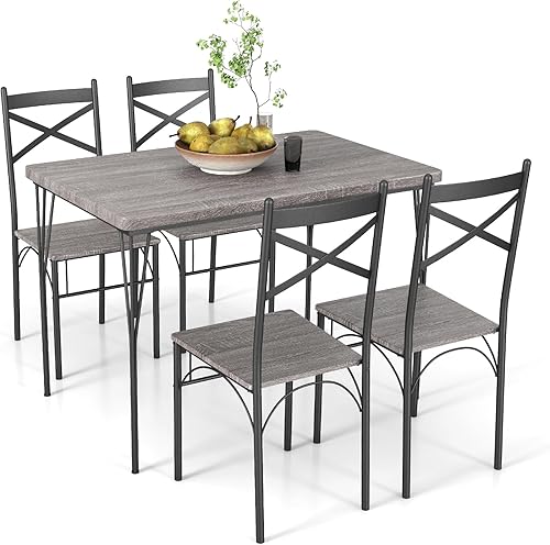 Giantex Juego de mesa de comedor de 5 piezas, moderna mesa de comedor rectangular y 4 sillas de comedor con marco de metal, juego de muebles de