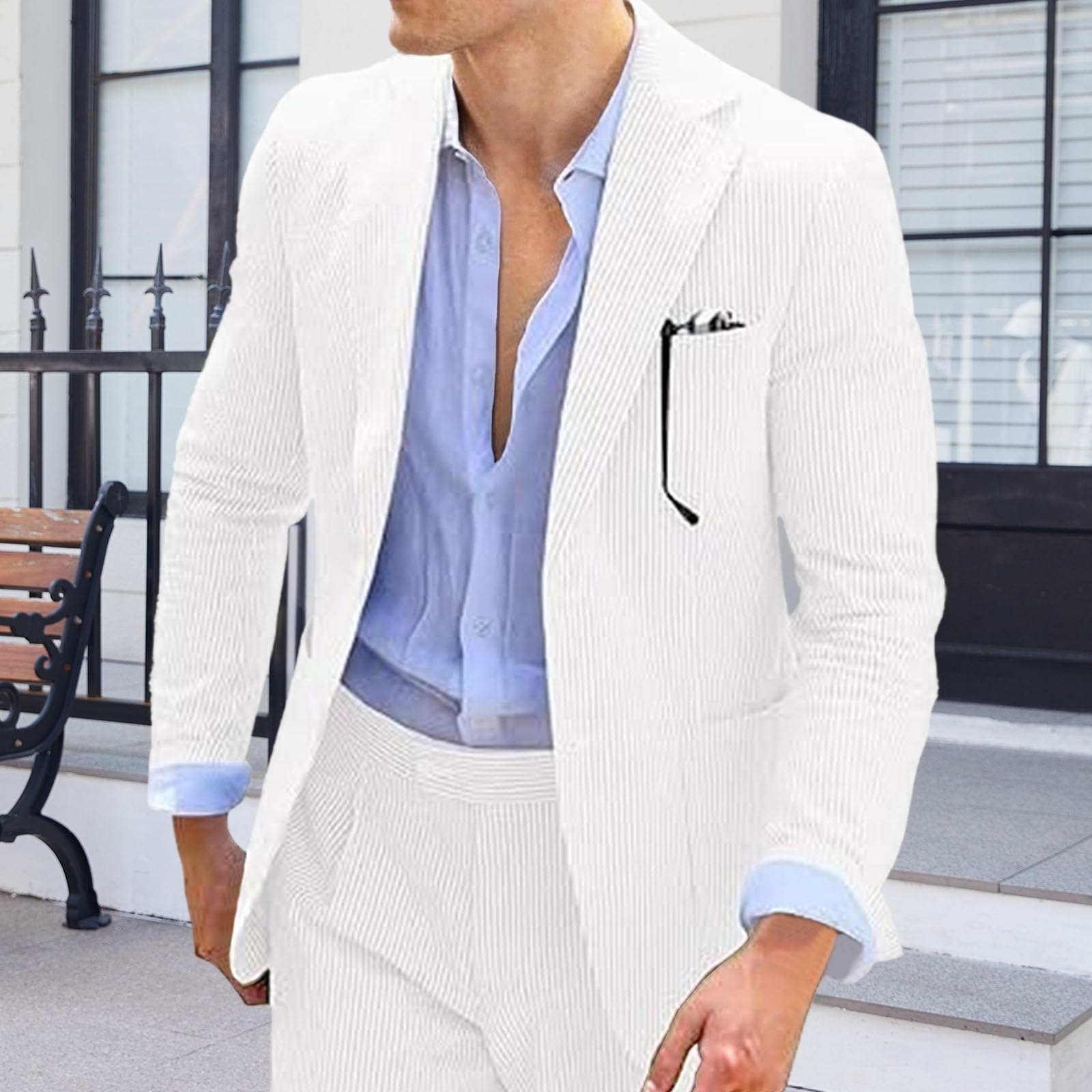 Completo da uomo in 2 pezzi Seersucker a righe Seersucker Slim Fit Set Blazer e pantaloni a righe per uomo