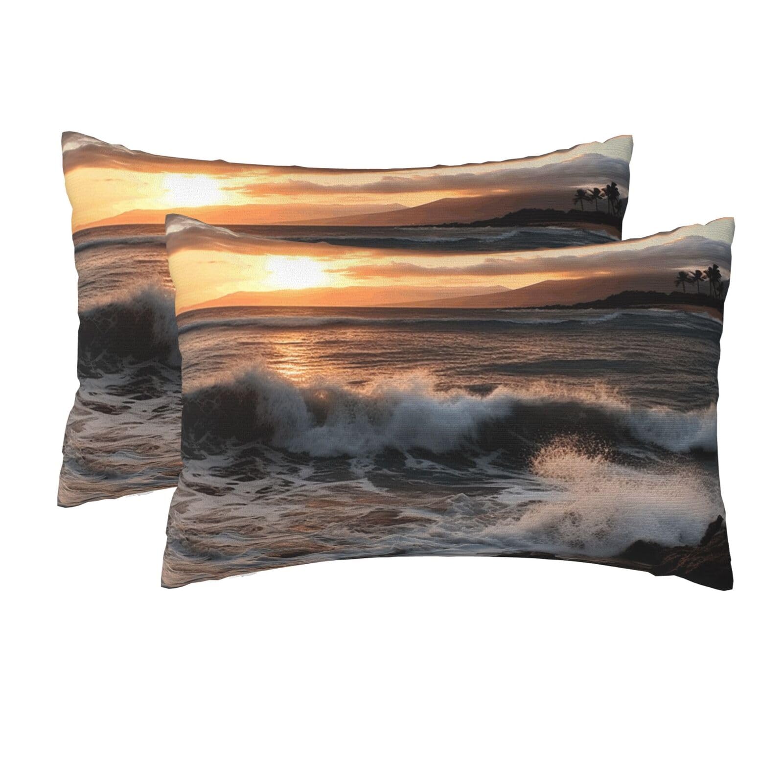 2 Pack Queen Pillow Cases with Hidden Zipper, Soft Breathable Pillow Covers for Hair and Skin, Beach Sunset Sea Waves Pillowcases 20"x30" Bed Pillow Protectors Cover for Sleeping Gifts