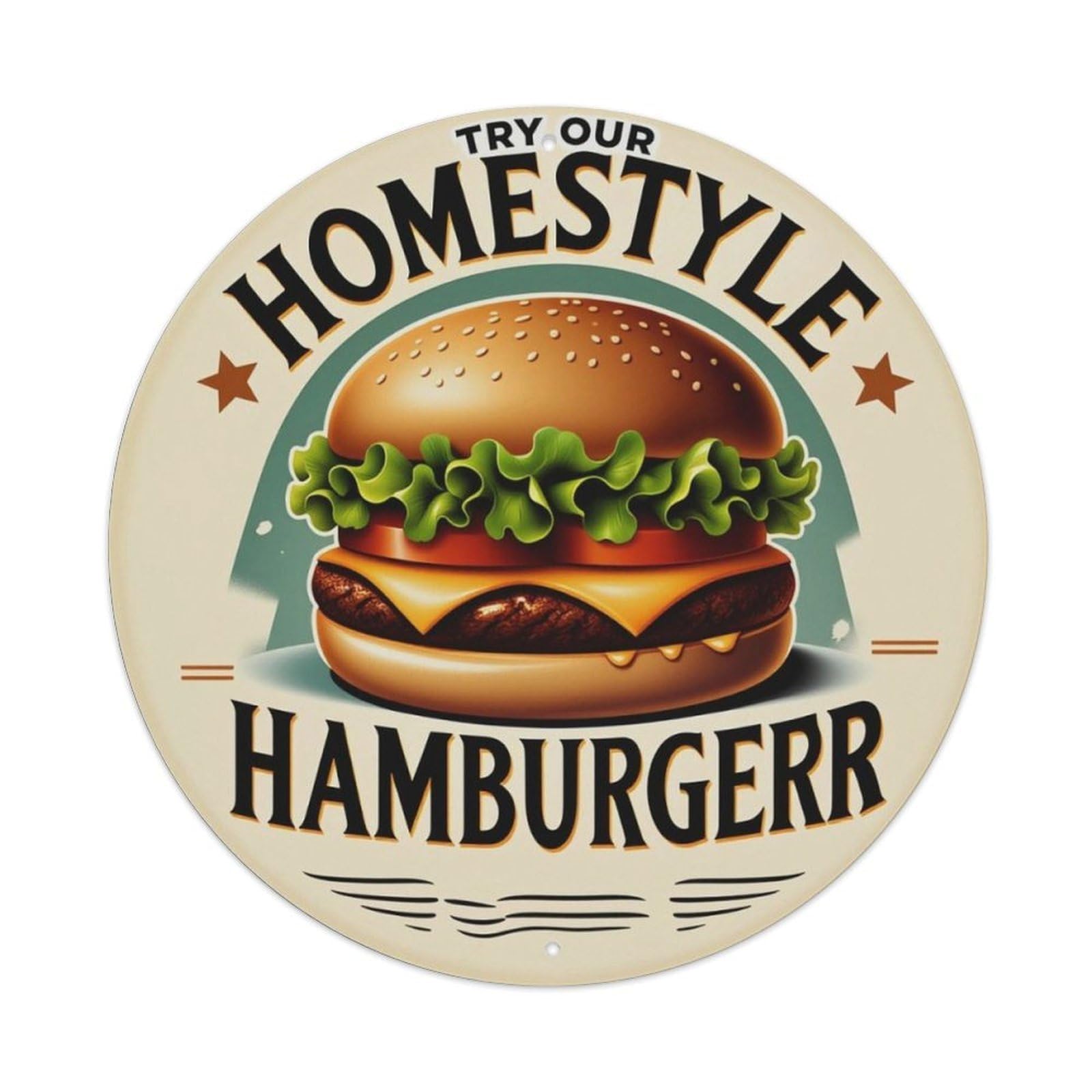 American Vintage Homestyle Hamburger Round Decor Sign Vintage Aluminium Metal Sign, Retro Wall Decor for Home, Bar, Garage & Farmhouse 20x20cm