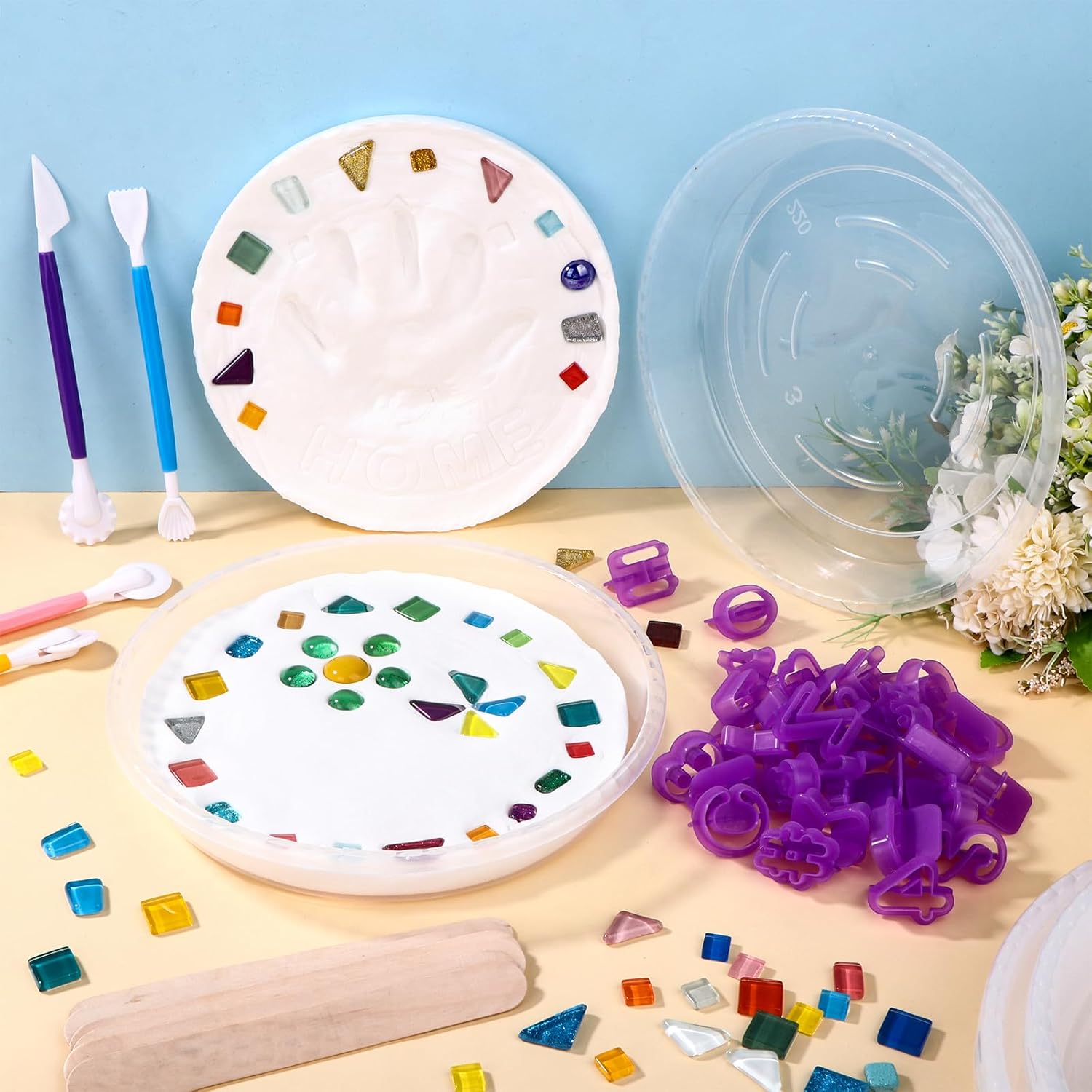 18 Set DIY Stepping Stone Kit Includes 6 Size Round Concrete Mold Number Letter Molds Mosaic Tiles Carving Tools Wooden Sticks Gloves for DIY Stepping Stones Garden Markers, No Concrete Mix