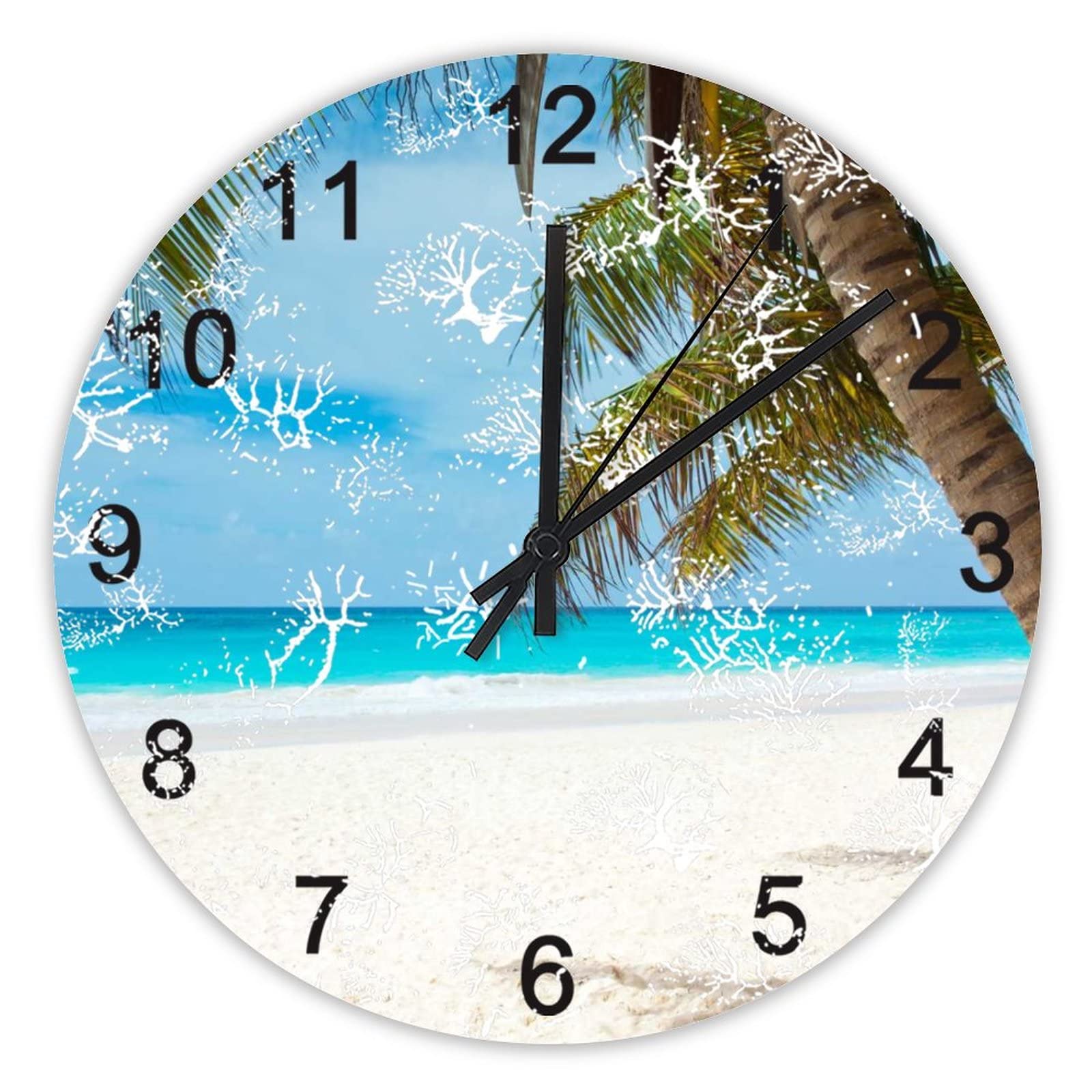 Horloge murale silencieuse 40 cm pour chambre à coucher au motif palmier et plage côtière