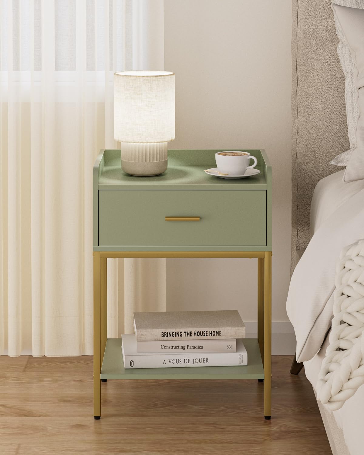 HEYZOEY Comodino verde, comodino moderno a 3 posti, con cassetto e scaffale, piccolo tavolino per camera da letto, soggiorno, verde (senza presa)