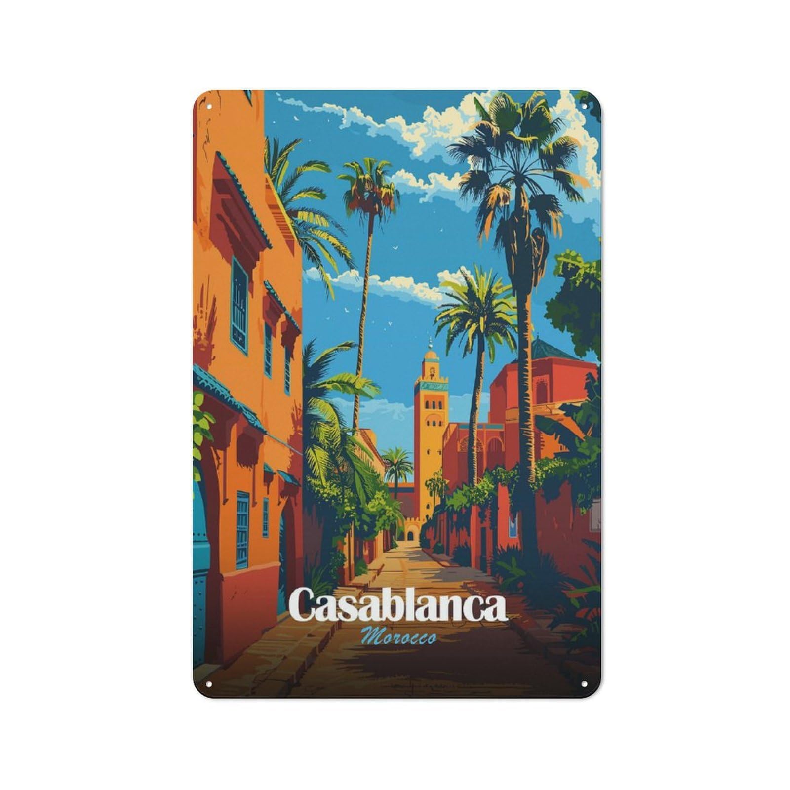 Junmoney Casablanca, Morocco Street Scene Illustration Tin Wall Plaque 30X20cm, Rustic Farmhouse Wall Decor For Dining Room, Cafe, Entryway Or Family Room