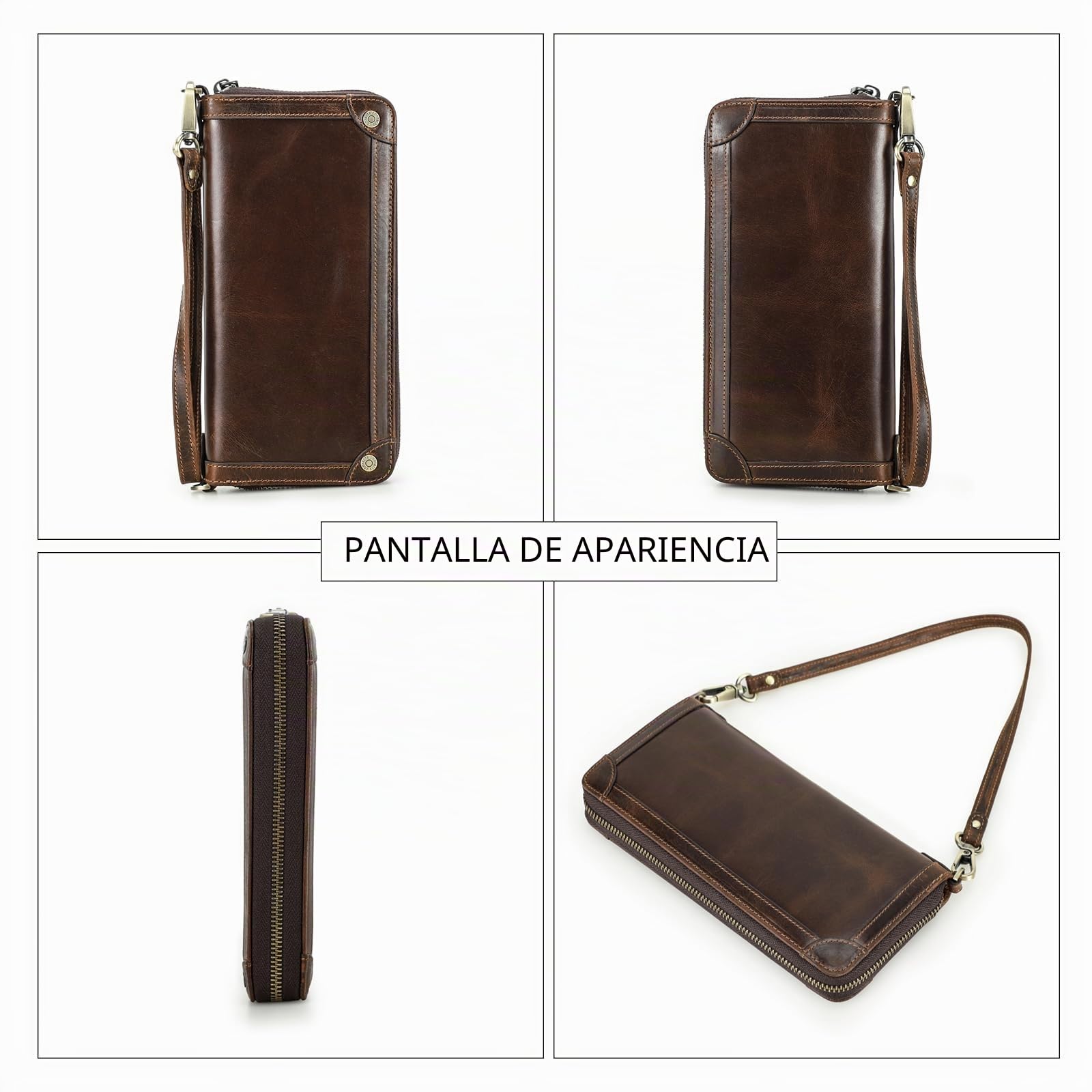 CONTACTS Cartera de Piel auténtica con Doble Cremallera Alrededor de los Hombres con 4 Capas intermedias Vintage Largo con muñequera