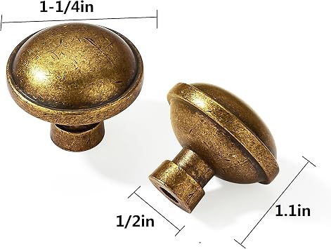 10 Pack 1-1/4 Inch Vintage Kitchen Cabinet Knobs - Antique Brass Drawer Pulls for Dresser Drawers - Round Hardware